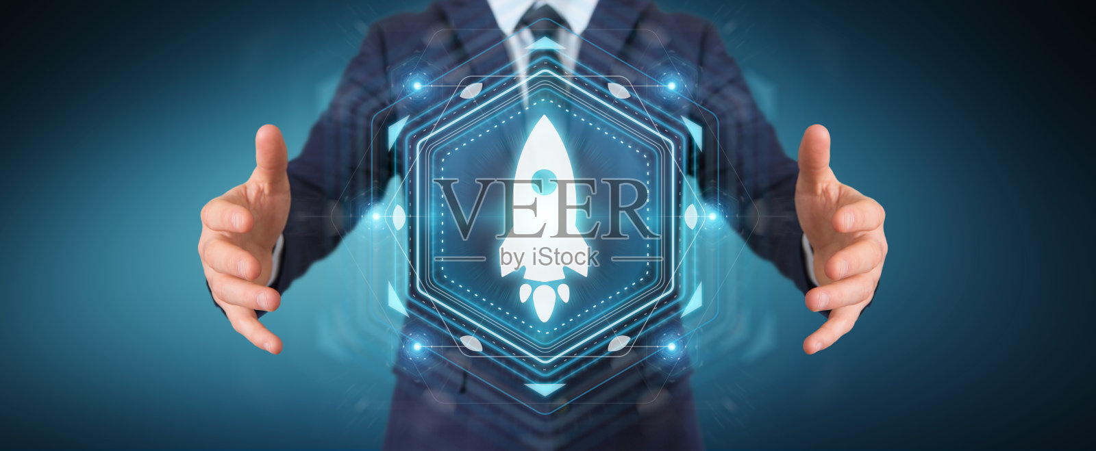 商人在模糊背景使用启动数字界面3D渲染照片摄影图片