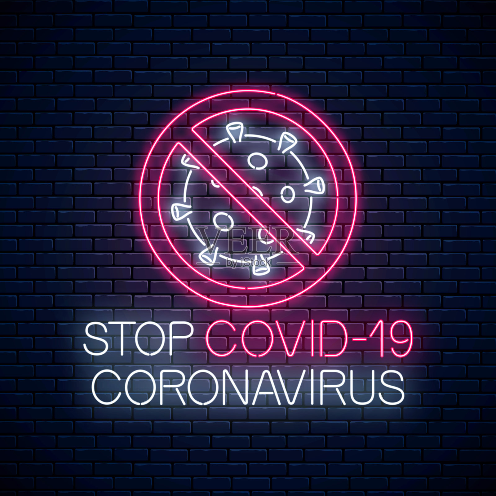 阻止冠状病毒的霓虹灯。霓虹风格的COVID-19病毒警告符号。冠状病毒爆发停止图标插画图片素材