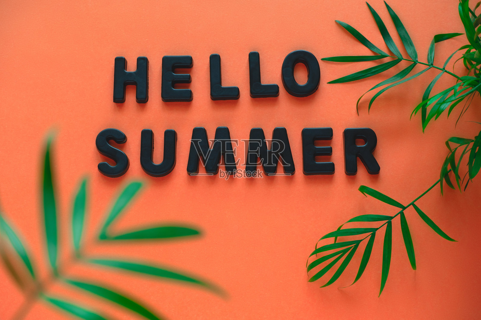 顶视图平铺题字你好夏天和热带棕榈叶框架橙色背景照片摄影图片