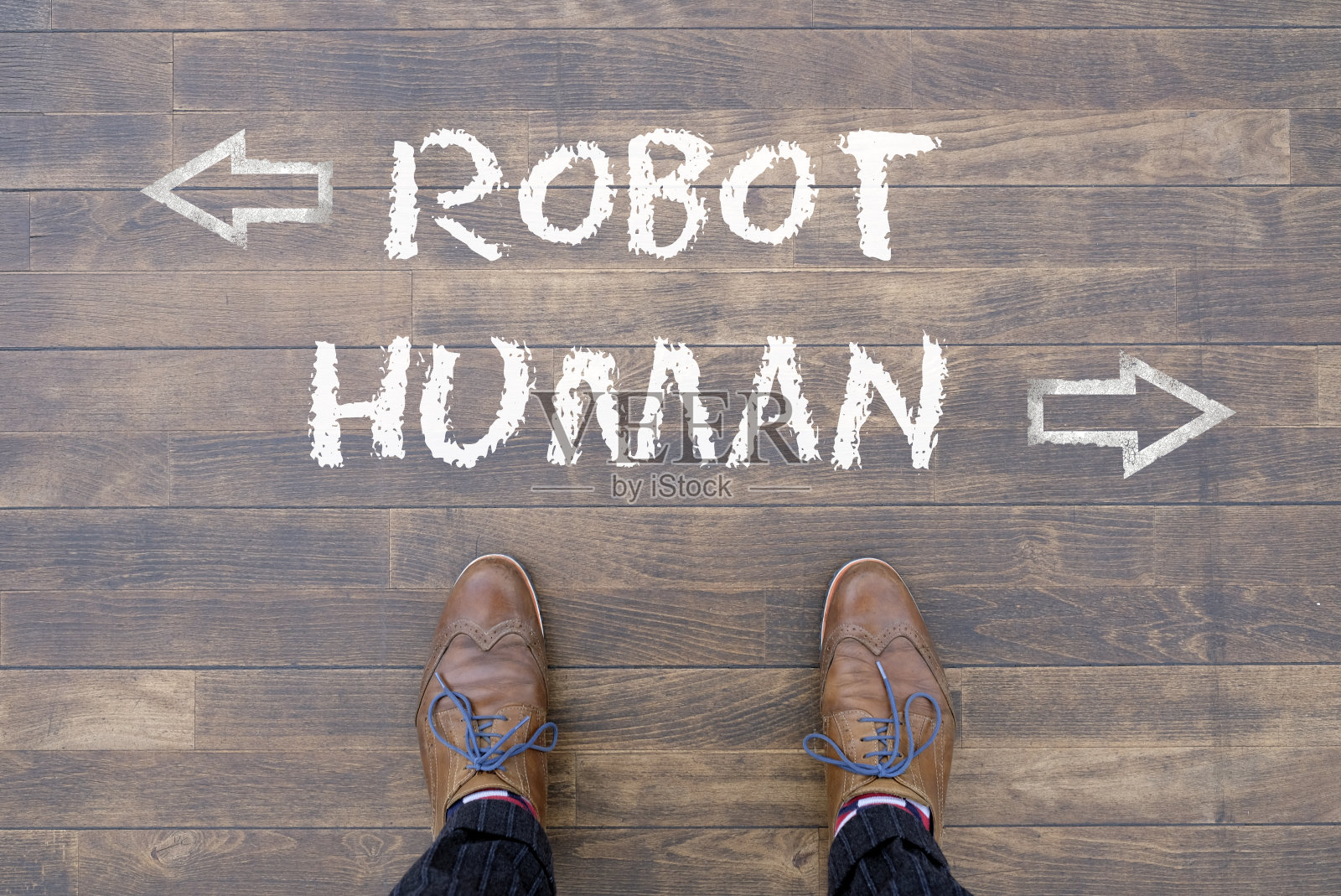 人类俯视“机器人”和“人类”选项照片摄影图片