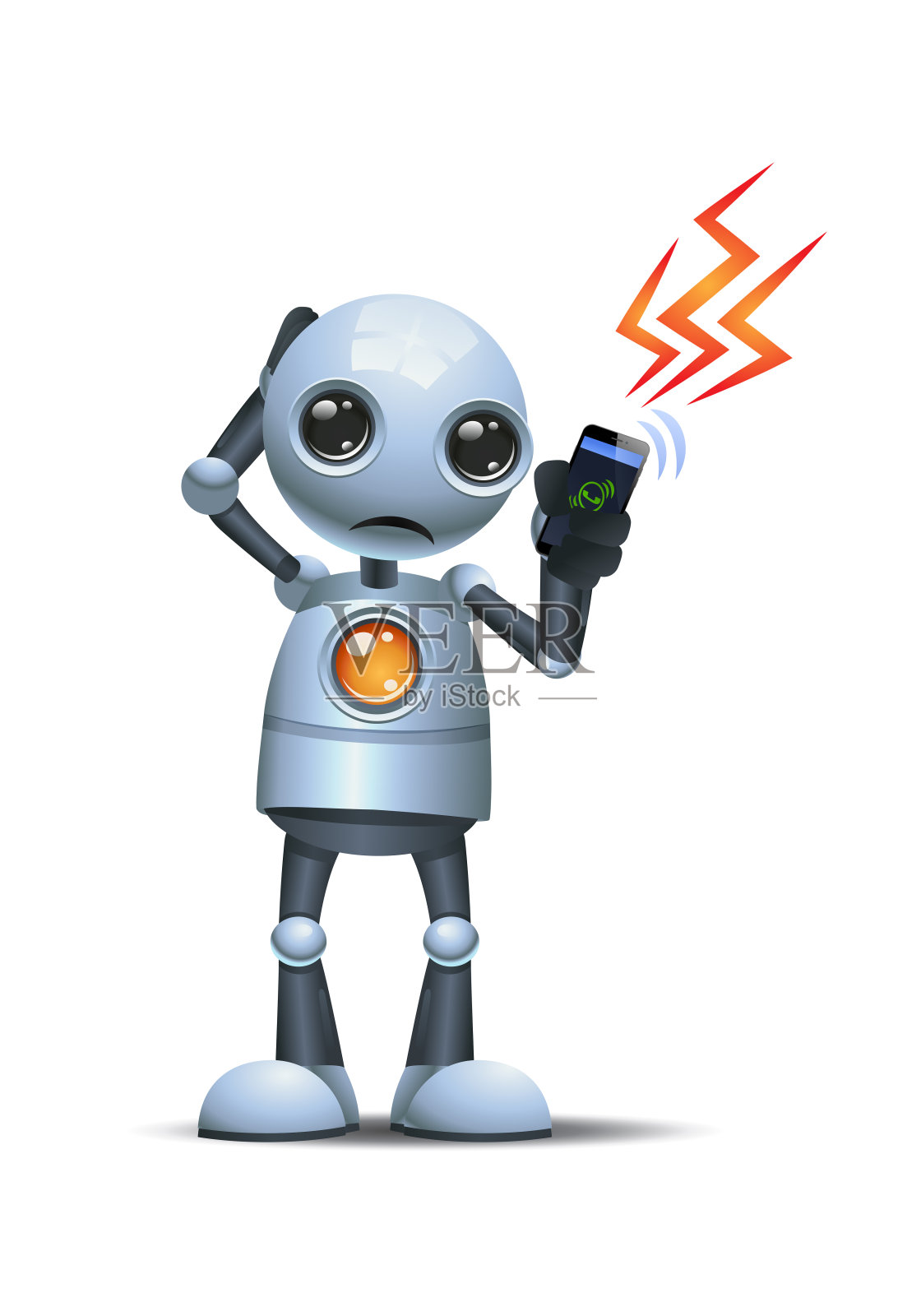 3d插图的小机器人害怕接听业务电话沟通插画图片素材