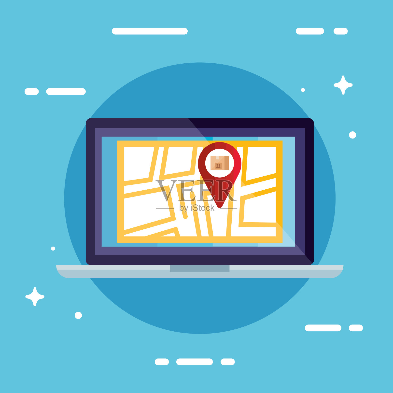 笔记本电脑与盒子内的GPS标记和地图矢量设计插画图片素材