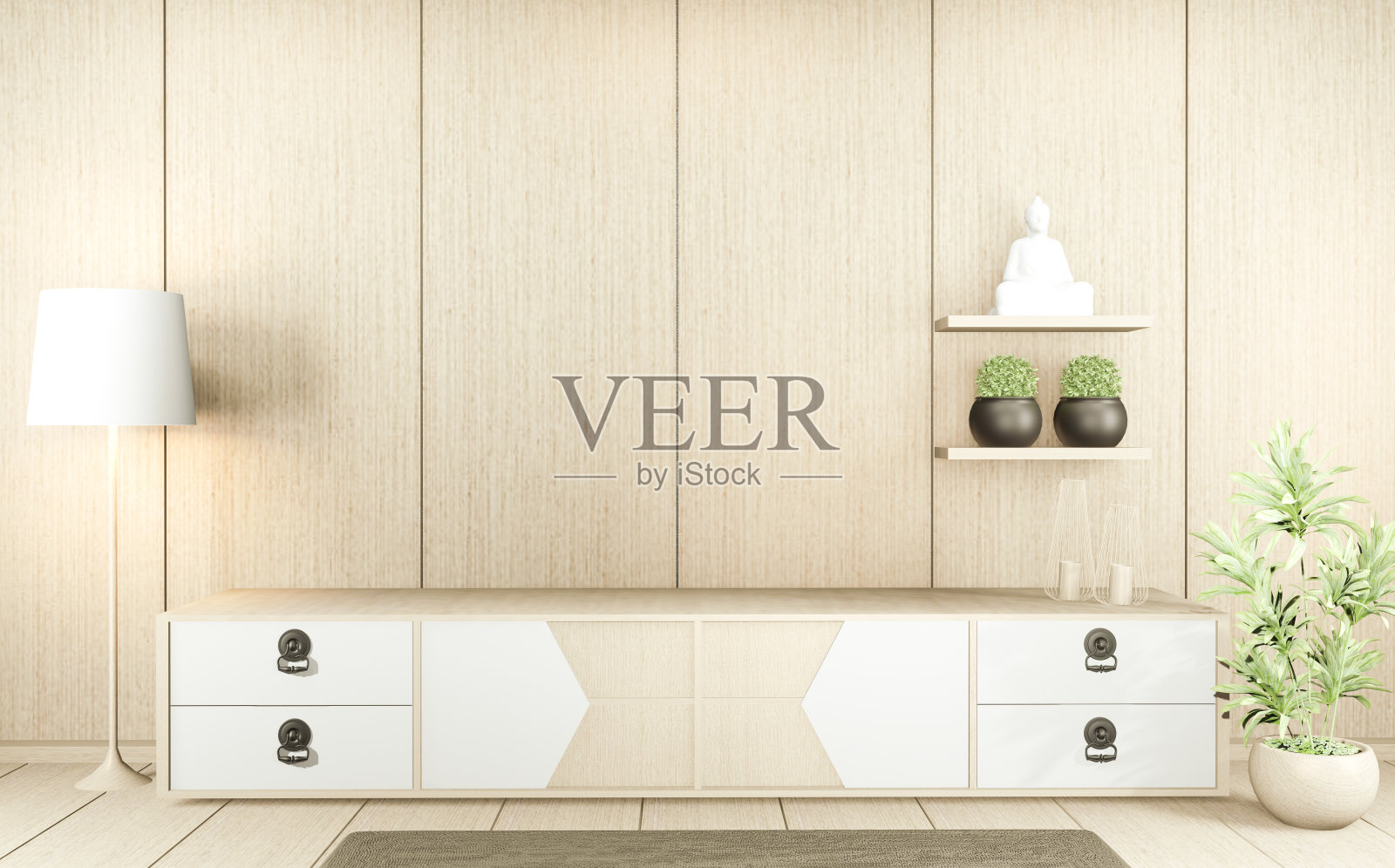 电视柜在现代空室日式禅宗风格，极简设计。三维渲染照片摄影图片