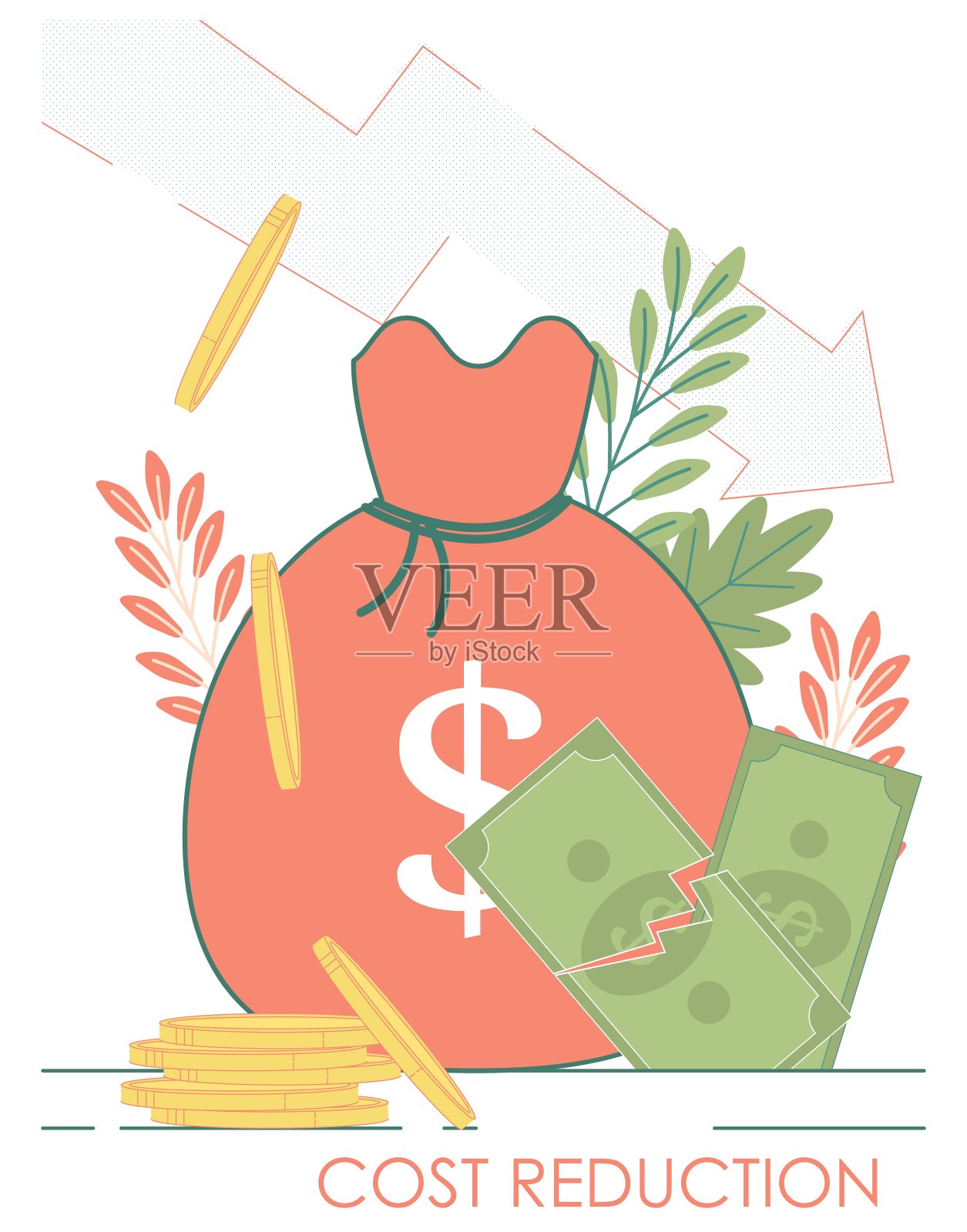 钱袋，美元崩溃，硬币堆。成本降低金融经济危机概念。插画图片素材