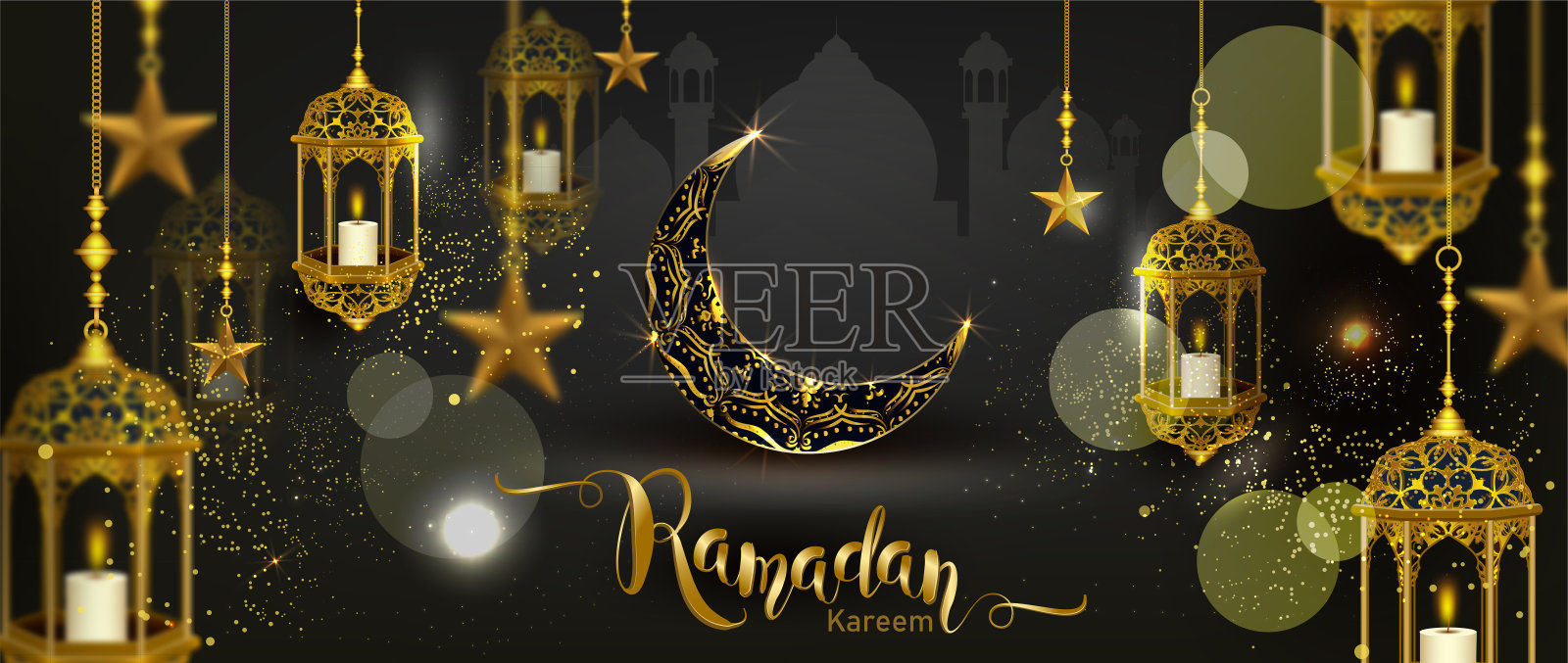 斋月卡里姆与金色华丽的新月和伊斯兰线清真寺圆顶与经典图案和灯笼伊斯兰豪华庆祝节日背景插画图片素材