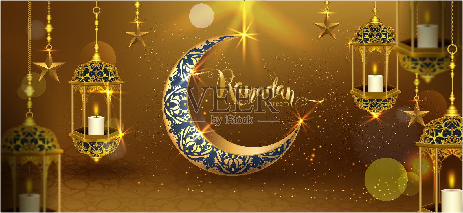 斋月卡里姆与金色华丽的新月和伊斯兰线清真寺圆顶与经典图案和灯笼伊斯兰豪华庆祝节日背景插画图片素材