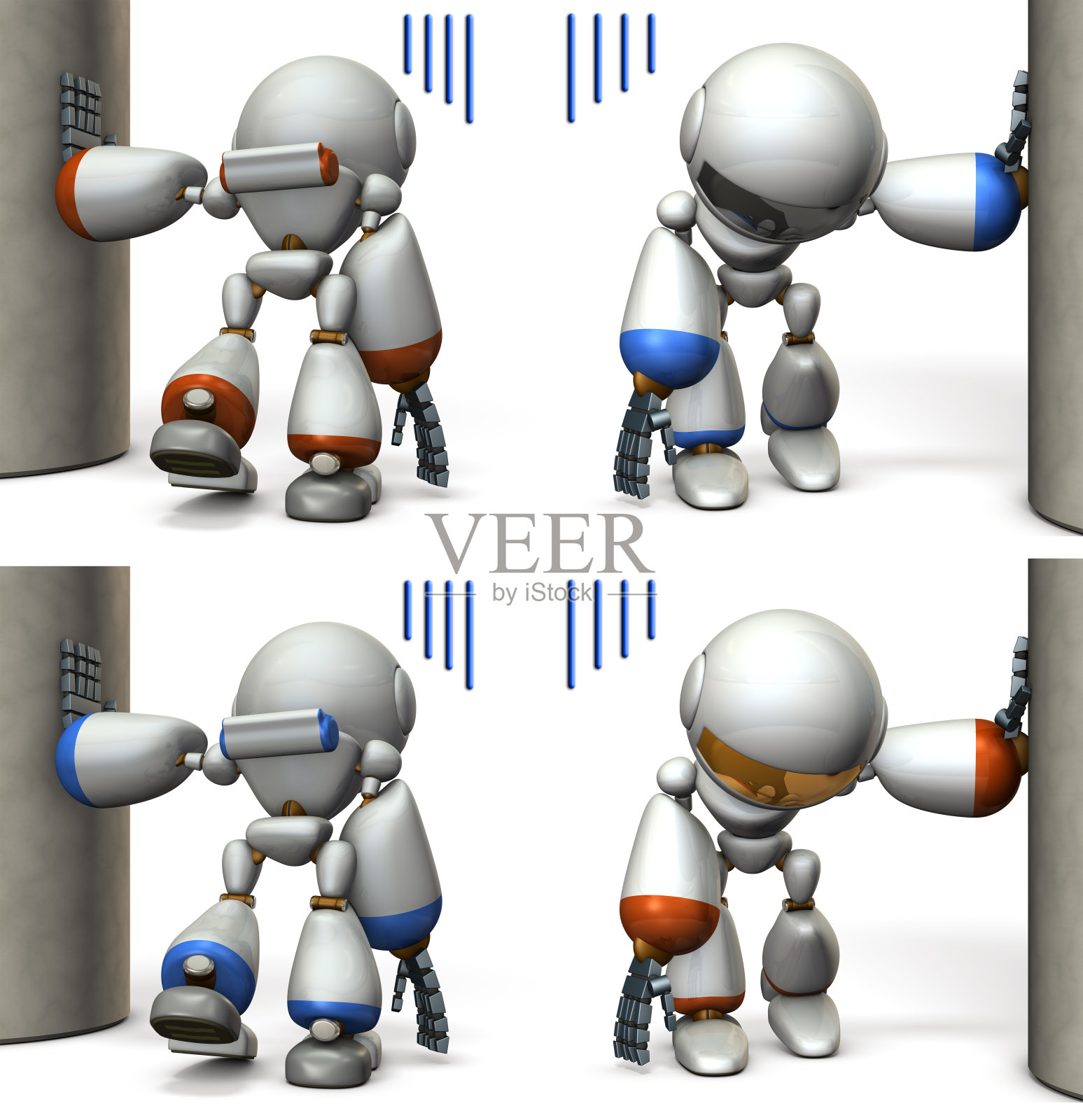 悬挂在柱子上的疲惫机器人3D插图照片摄影图片