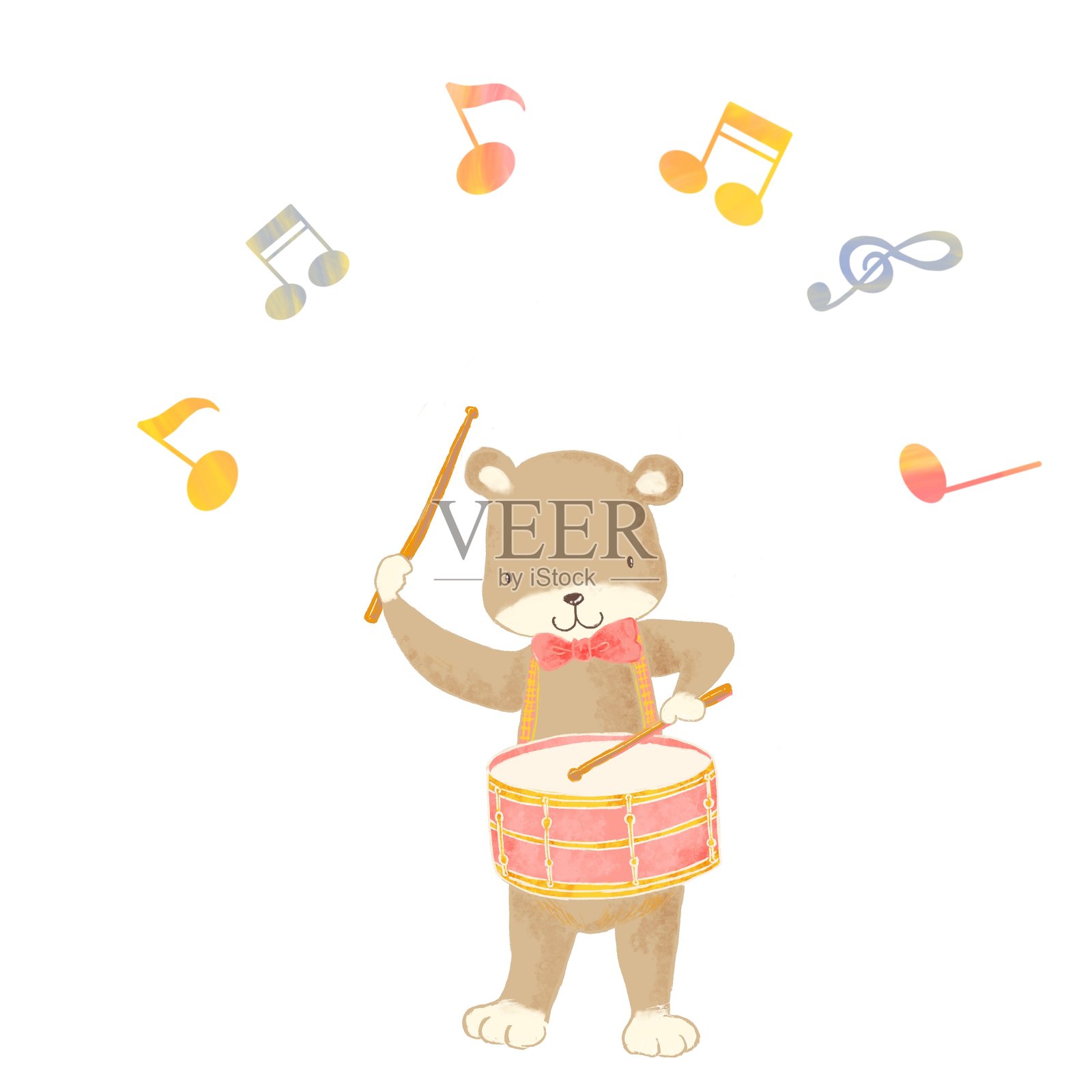 卡通动物演奏乐器，泰迪熊插画图片素材