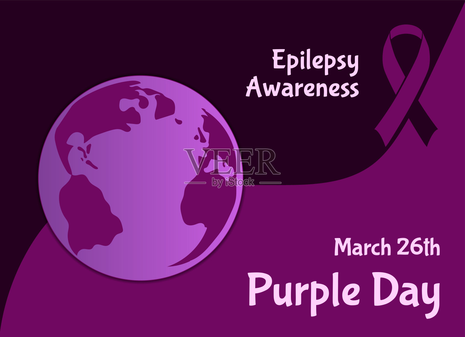 以浅紫色和深紫色为背景，以地球和紫色为主题的紫色日癫痫宣传卡。EPS10平面矢量插图。插画图片素材