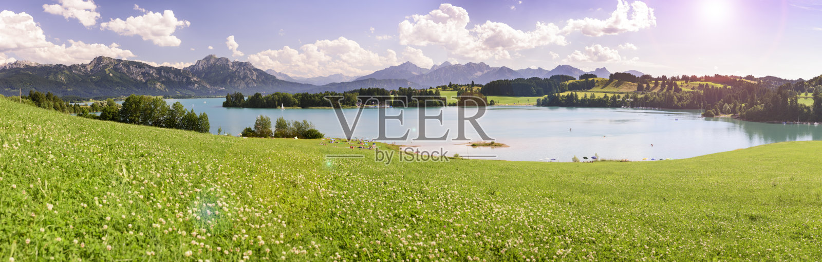 阿尔卑斯山前的草地和湖泊全景景观照片摄影图片