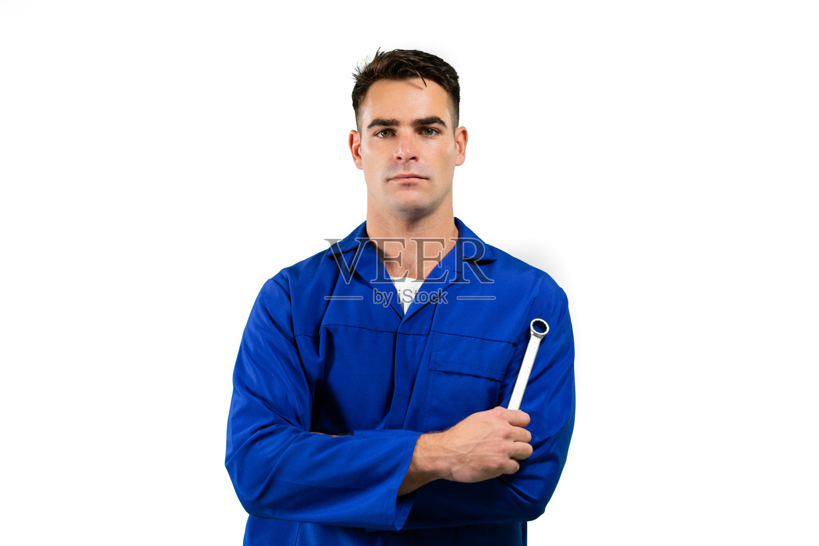 站在白色背景下的白人男工程师照片摄影图片