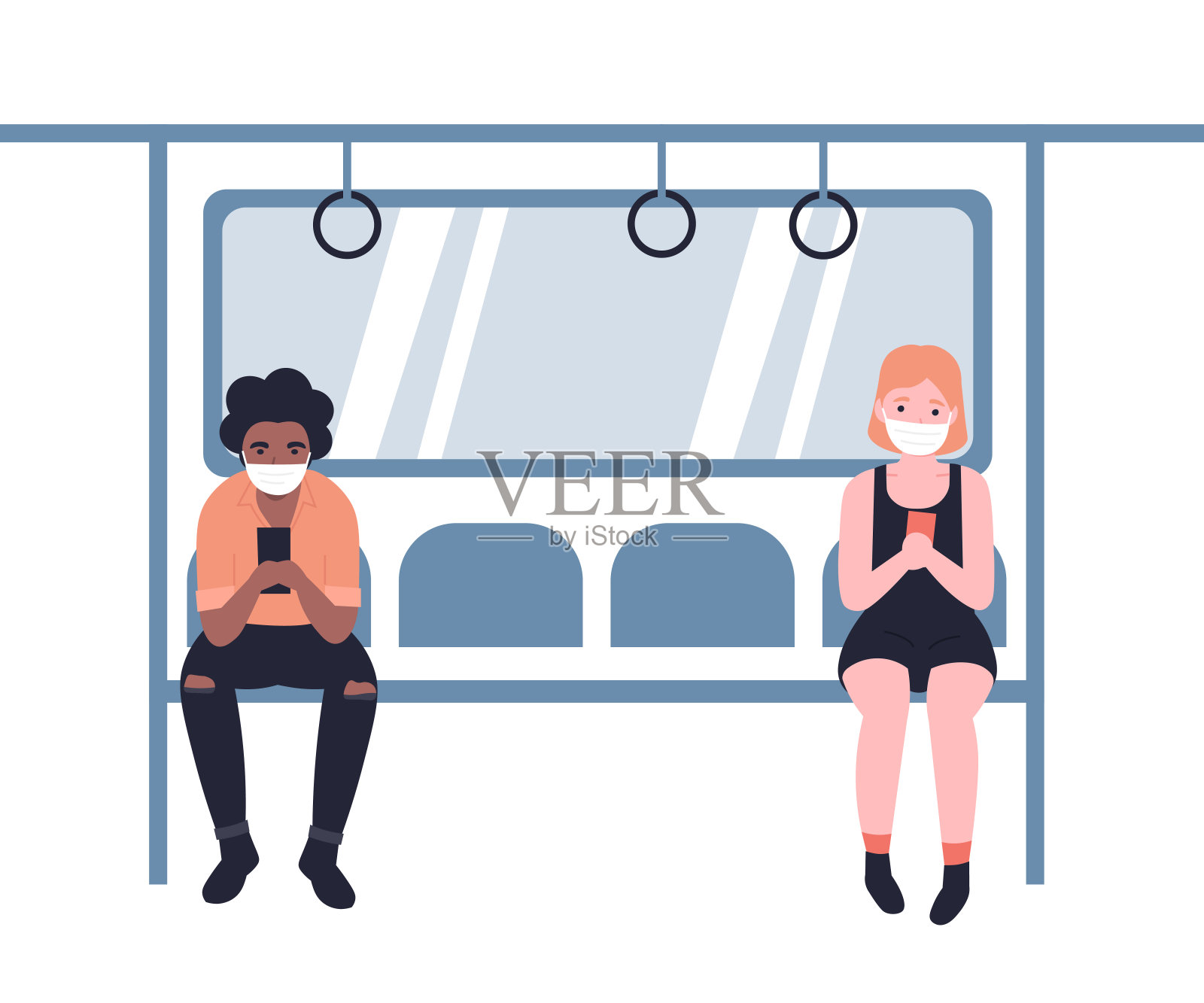 戴口罩的人乘坐地铁和使用电话插画图片素材
