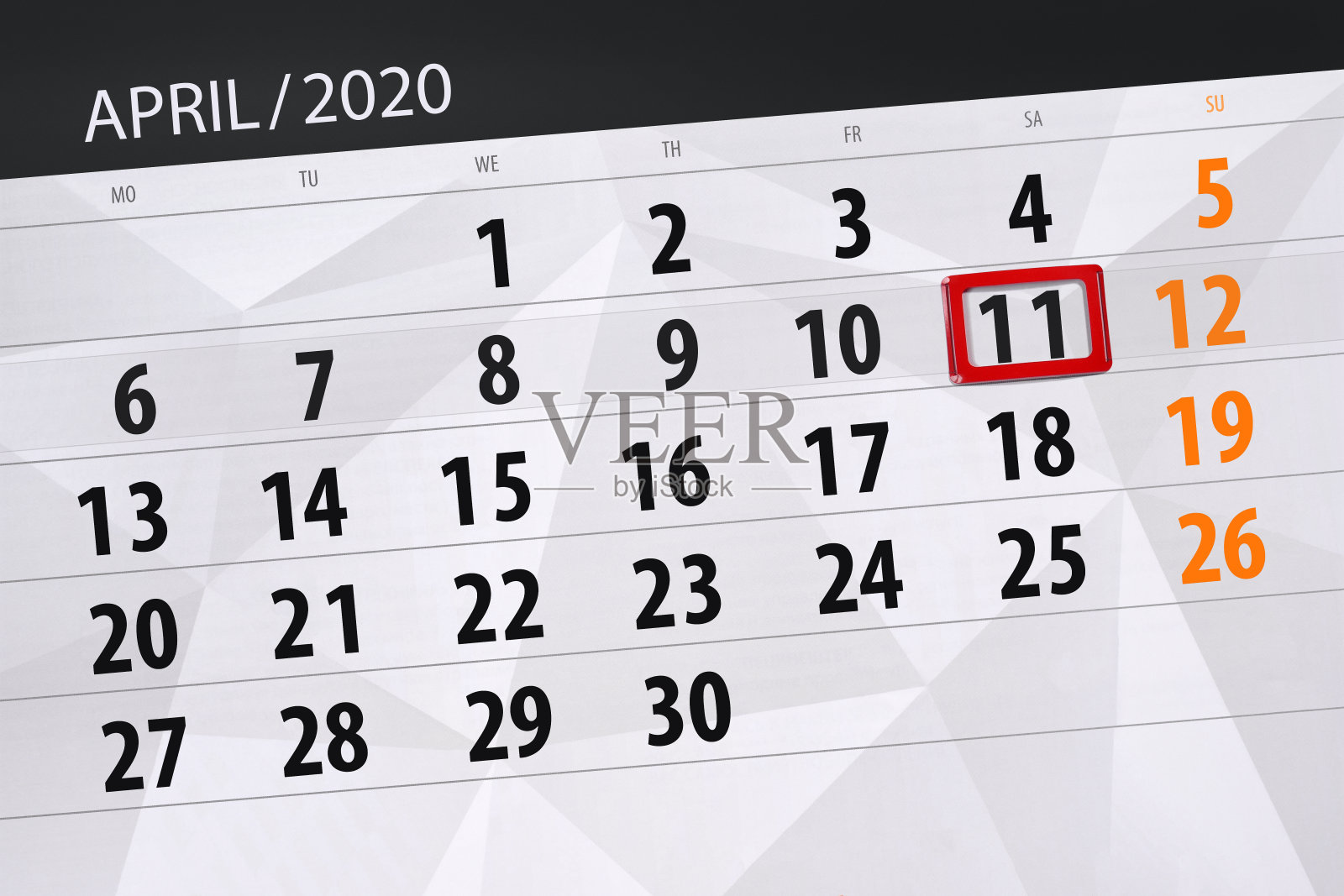 日历计划2020年4月，截止日期，11日，周六设计模板素材