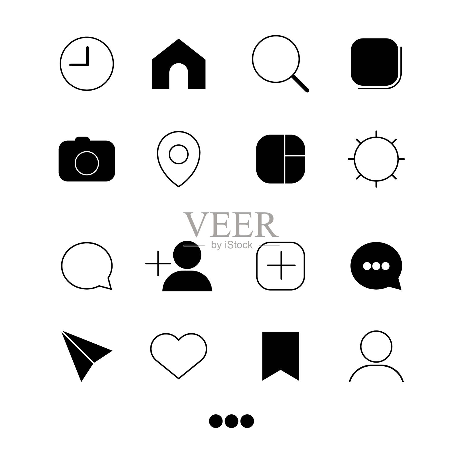 web用户界面的通用元素。黑白网页或互联网按钮图标设置在黑色的白色背景。每股收益10向量。图标素材