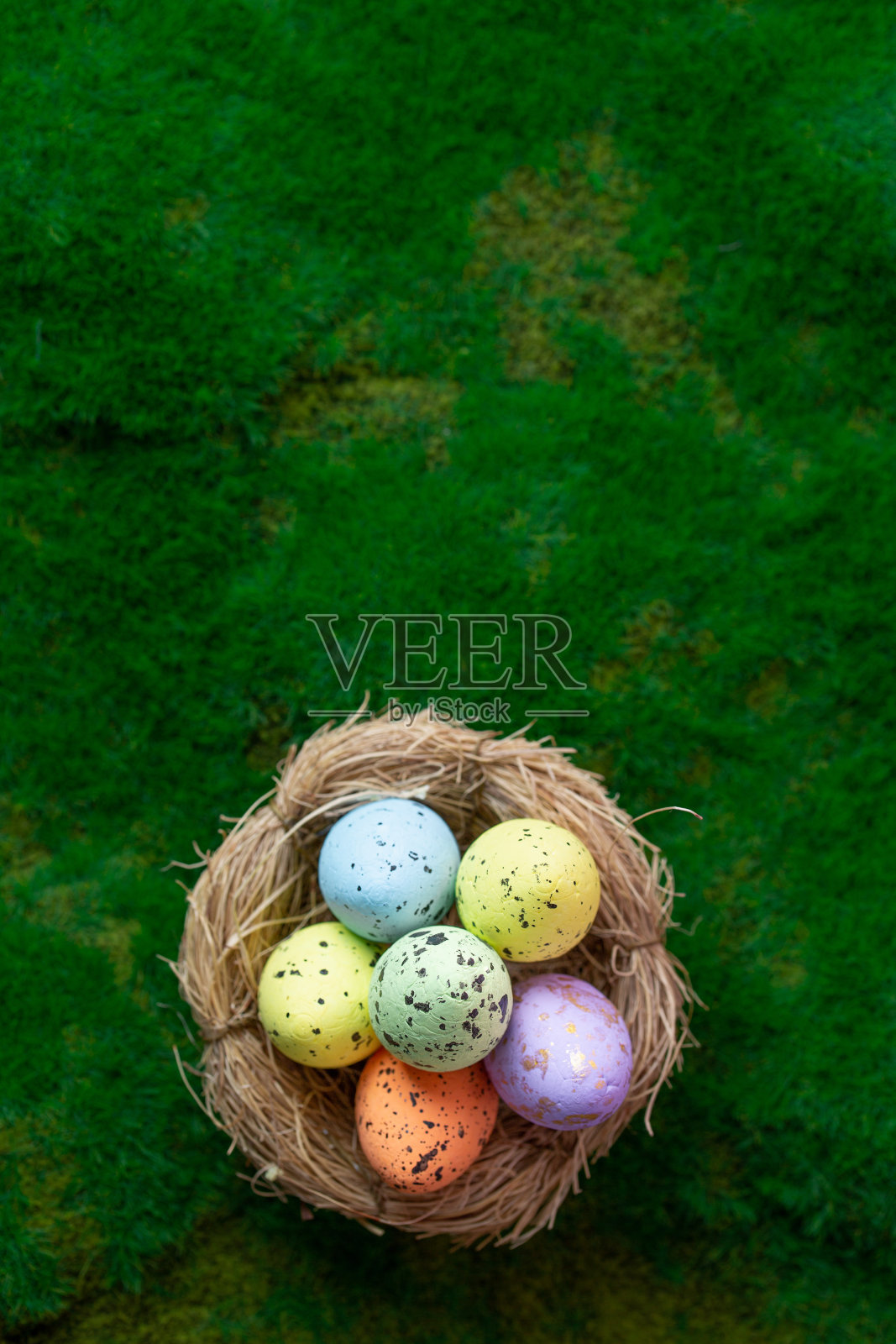复活节彩蛋在翠绿的青苔上鸟巢里照片摄影图片