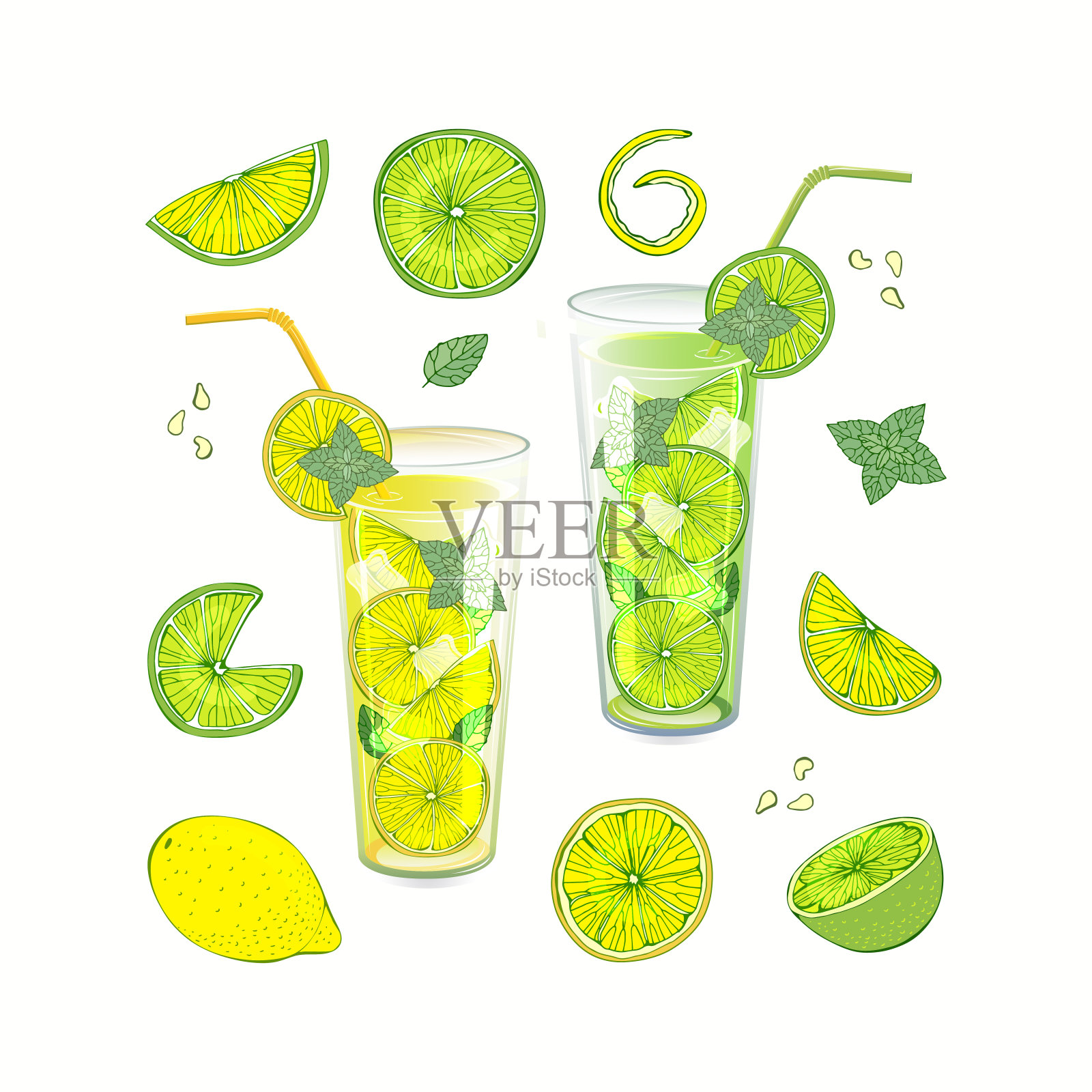 夏天的水果饮料。柠檬水和莫吉托倒在不同的菜。柠檬和酸橙切成不同的薄片。手绘矢量插图。柑橘类的水果。含有维生素的健康饮料。插画图片素材