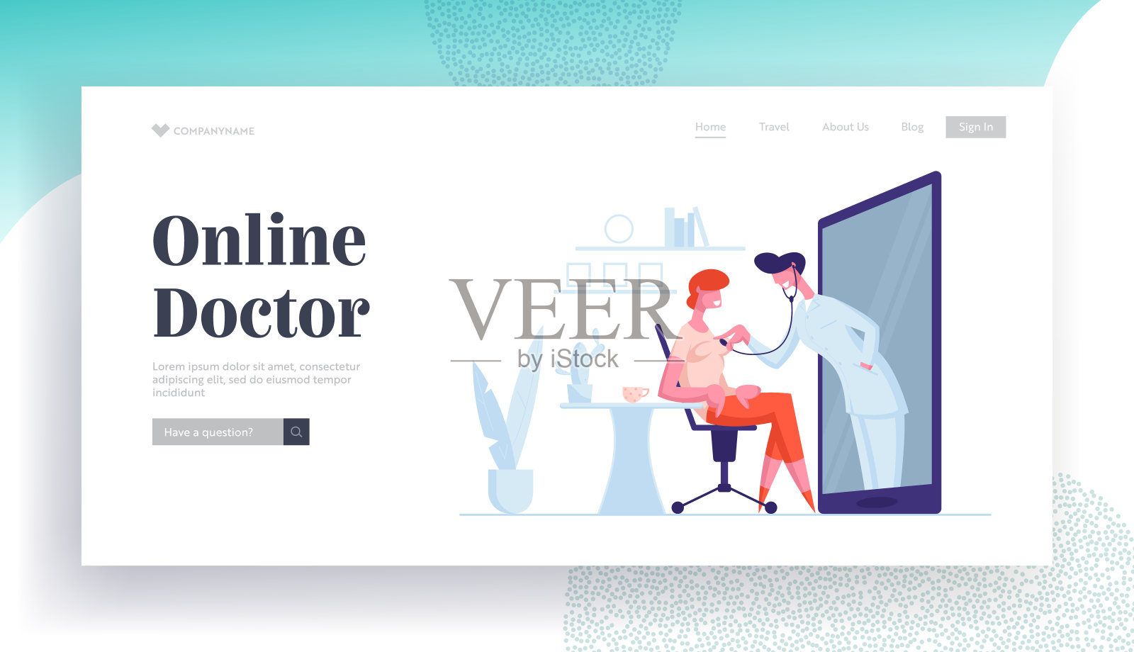 在线药物登陆页面模板。友好的医生角色通过巨大的智能手机屏幕听女病人的心脏跳动。医疗保健移动应用程序。卡通人物矢量插图插画图片素材