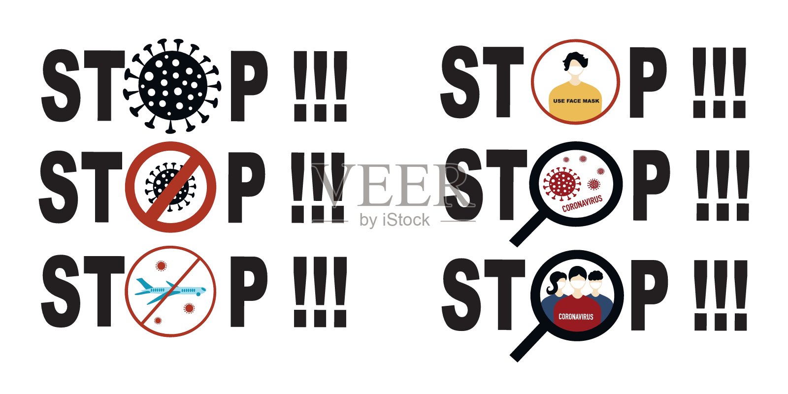 阻止冠状病毒大流行标志集。停止、隔离、查毒、检测、新型冠状病毒、取消航班、戴口罩插画图片素材