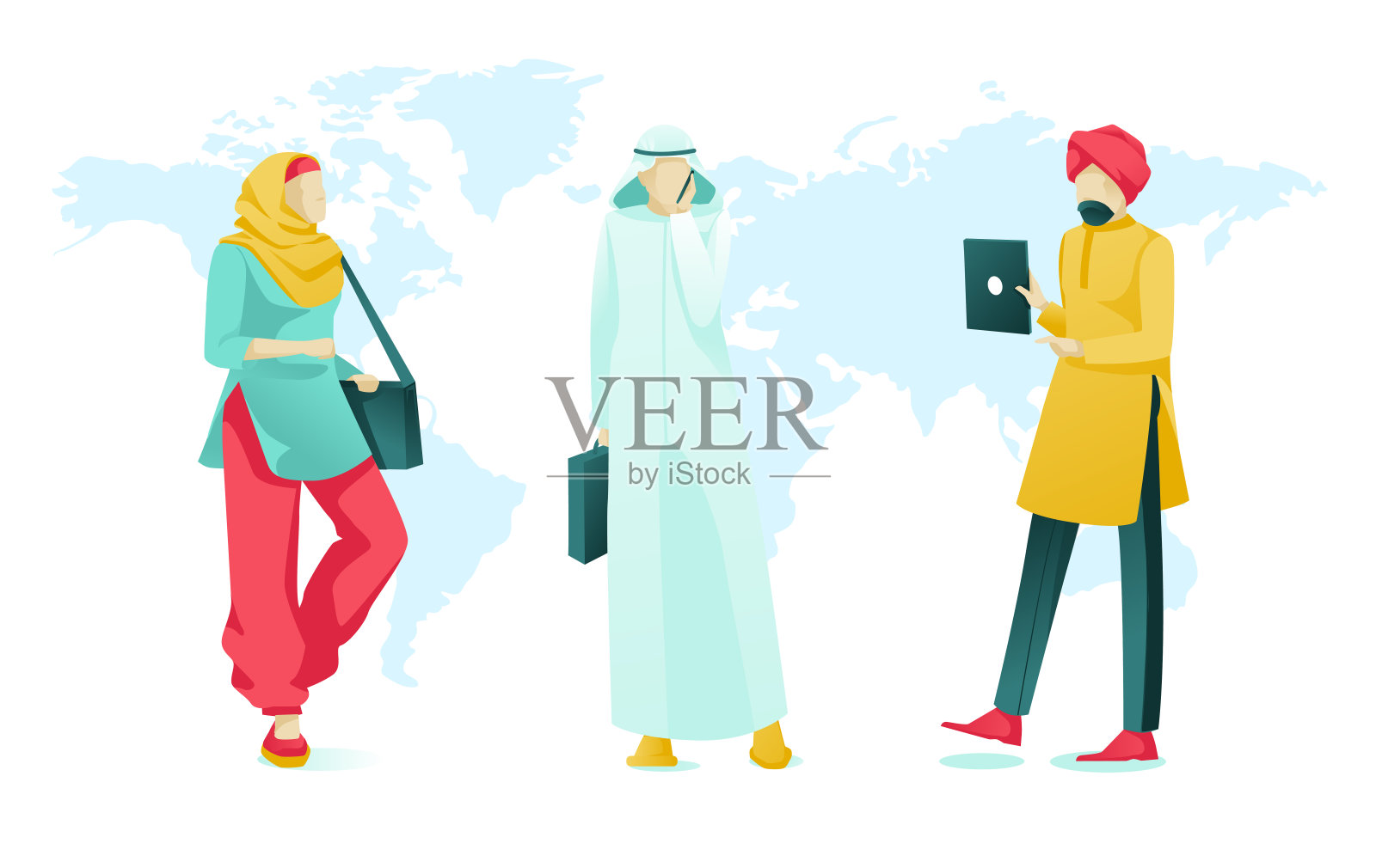 阿拉伯商人在世界地图上的人物插画图片素材