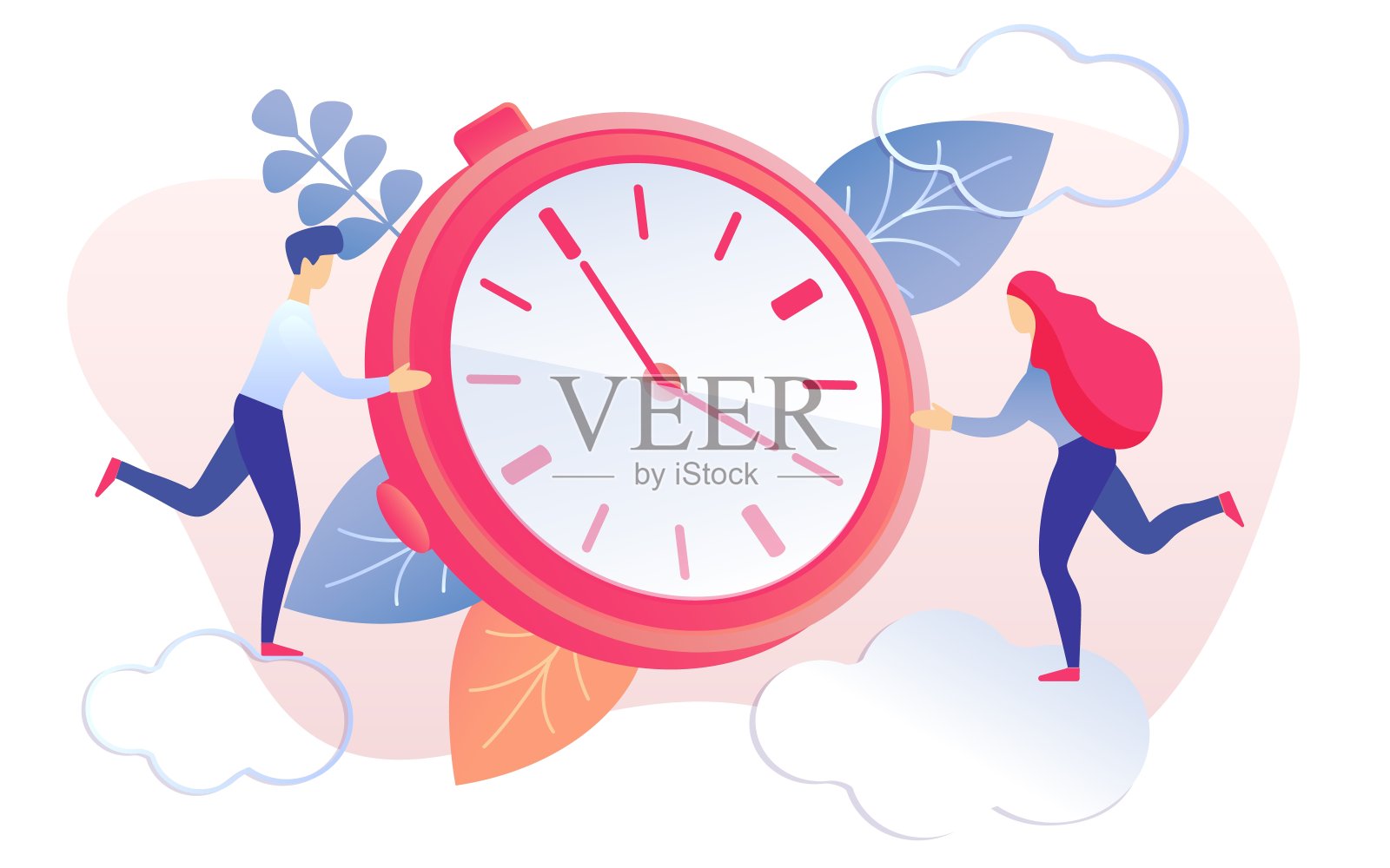 卡通人物跑到红色计时器停止时钟插画图片素材