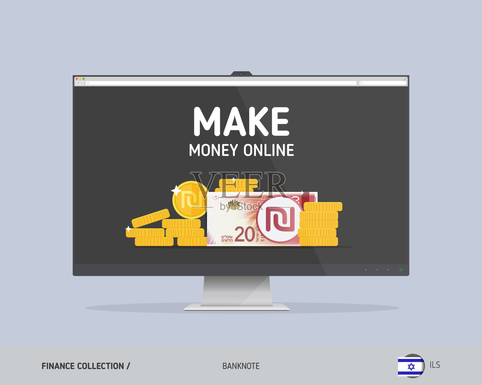 装有20以色列新谢克尔钞票的笔记本电脑。平面风格矢量插图。金融的概念。插画图片素材