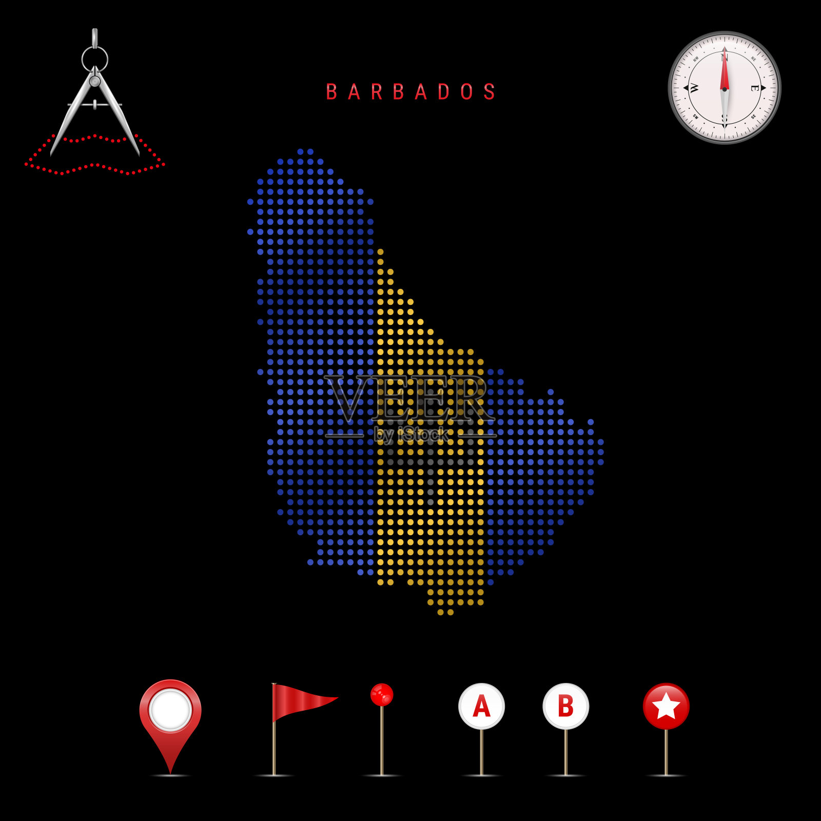 巴巴多斯矢量图用国旗颜色绘制。挥舞着国旗的效果。地图工具图标集插画图片素材