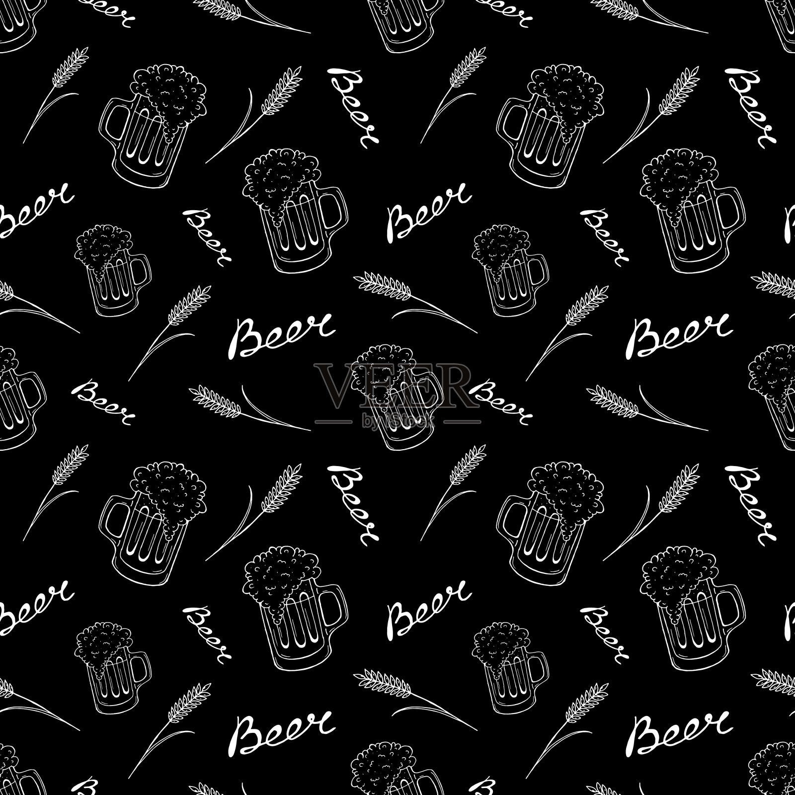 啤酒杯黑白无缝图案插画图片素材