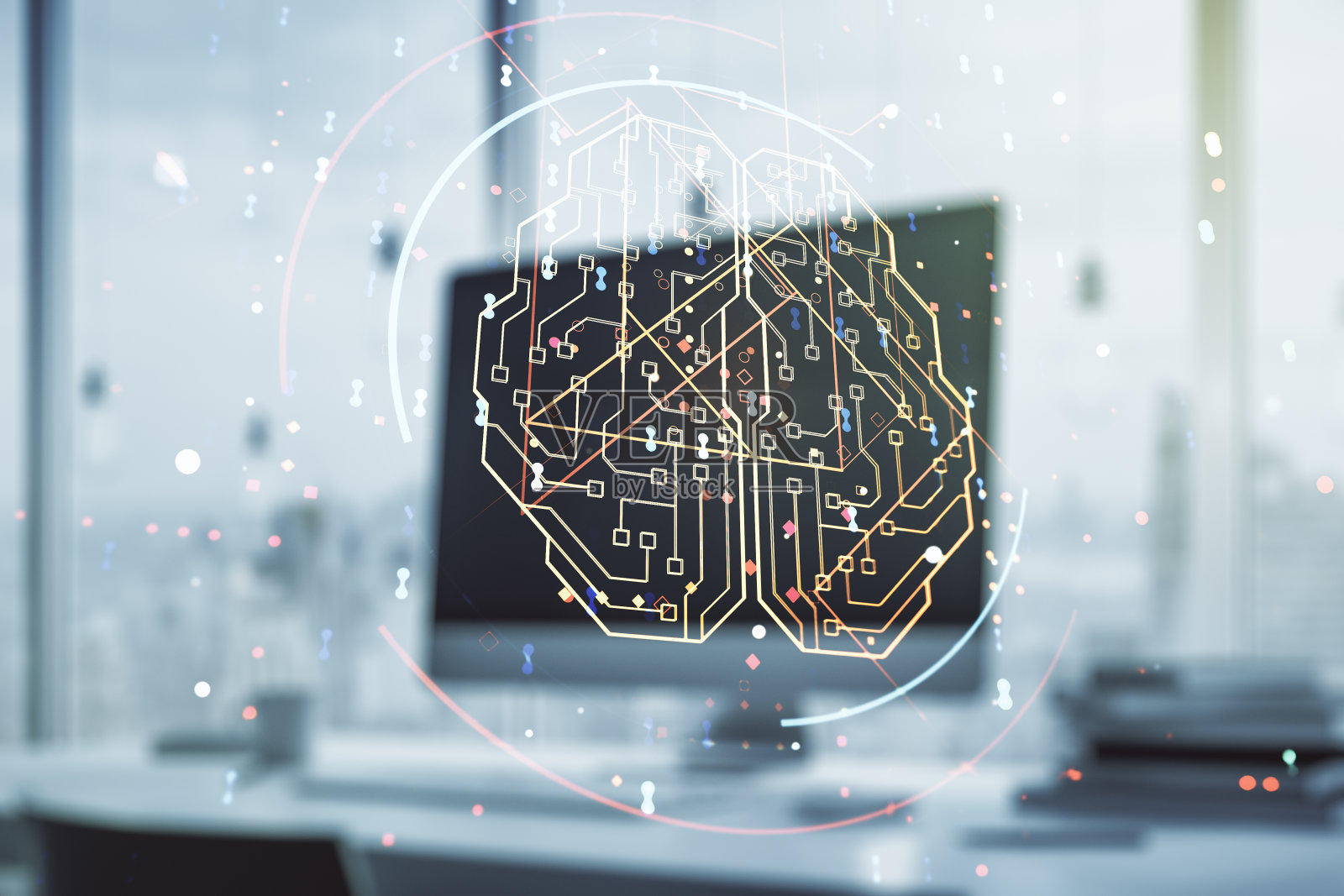 创造性的人工智能概念与人脑全息图在现代笔记本电脑背景下。Multiexposure照片摄影图片