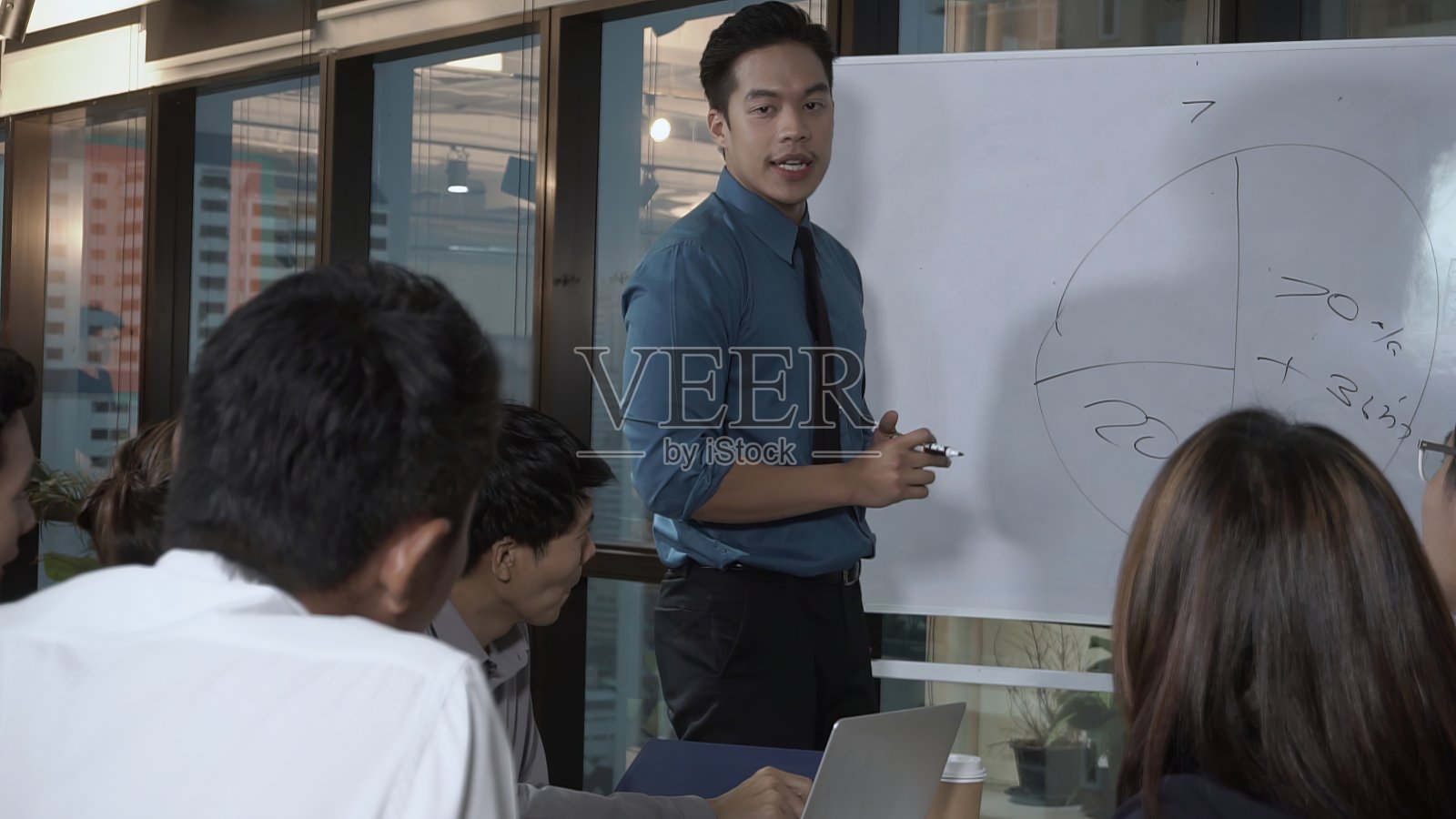 亚洲商务人士讨论市场策略。照片摄影图片