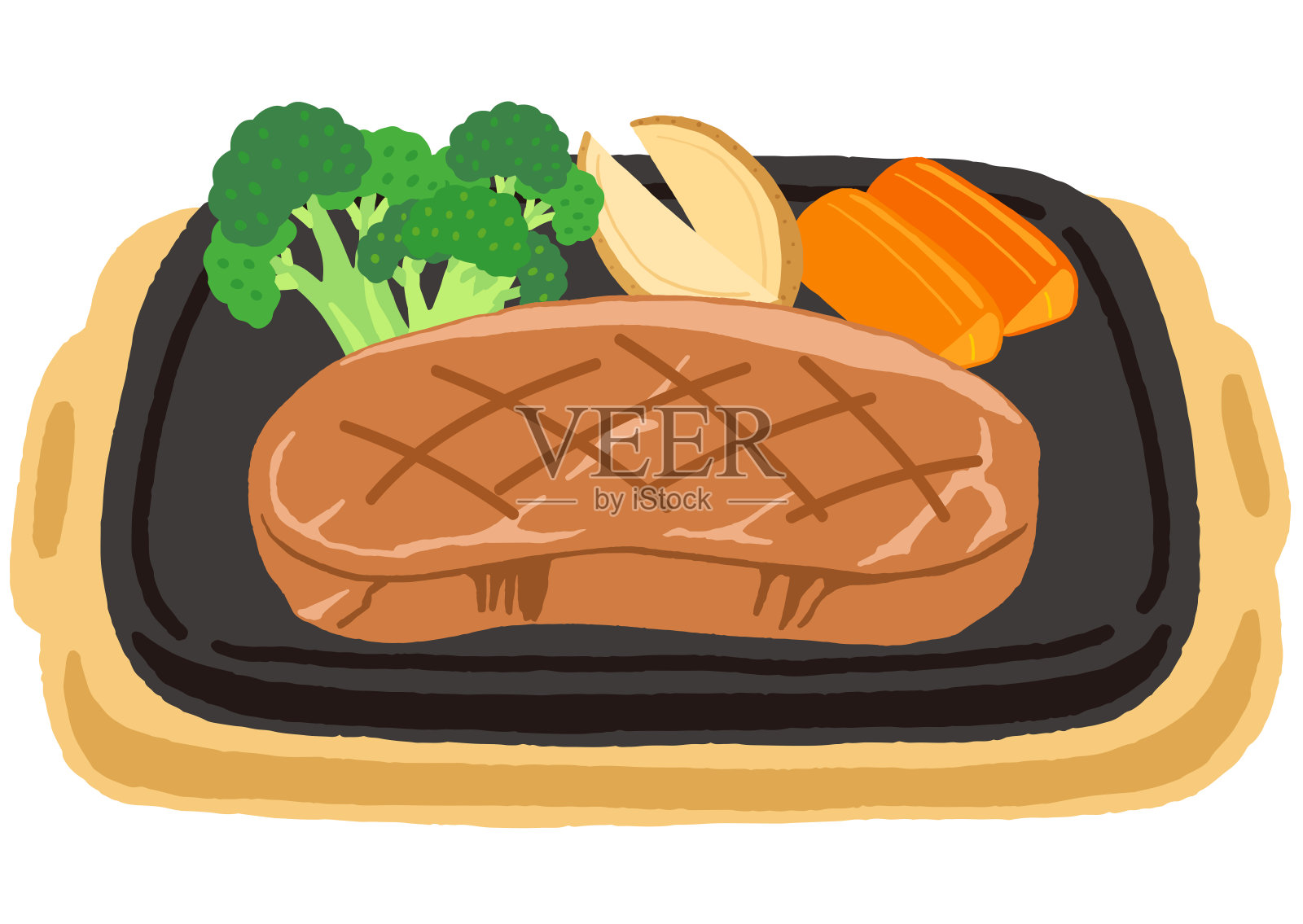 牛排配蔬菜，花椰菜，土豆和胡萝卜插画图片素材