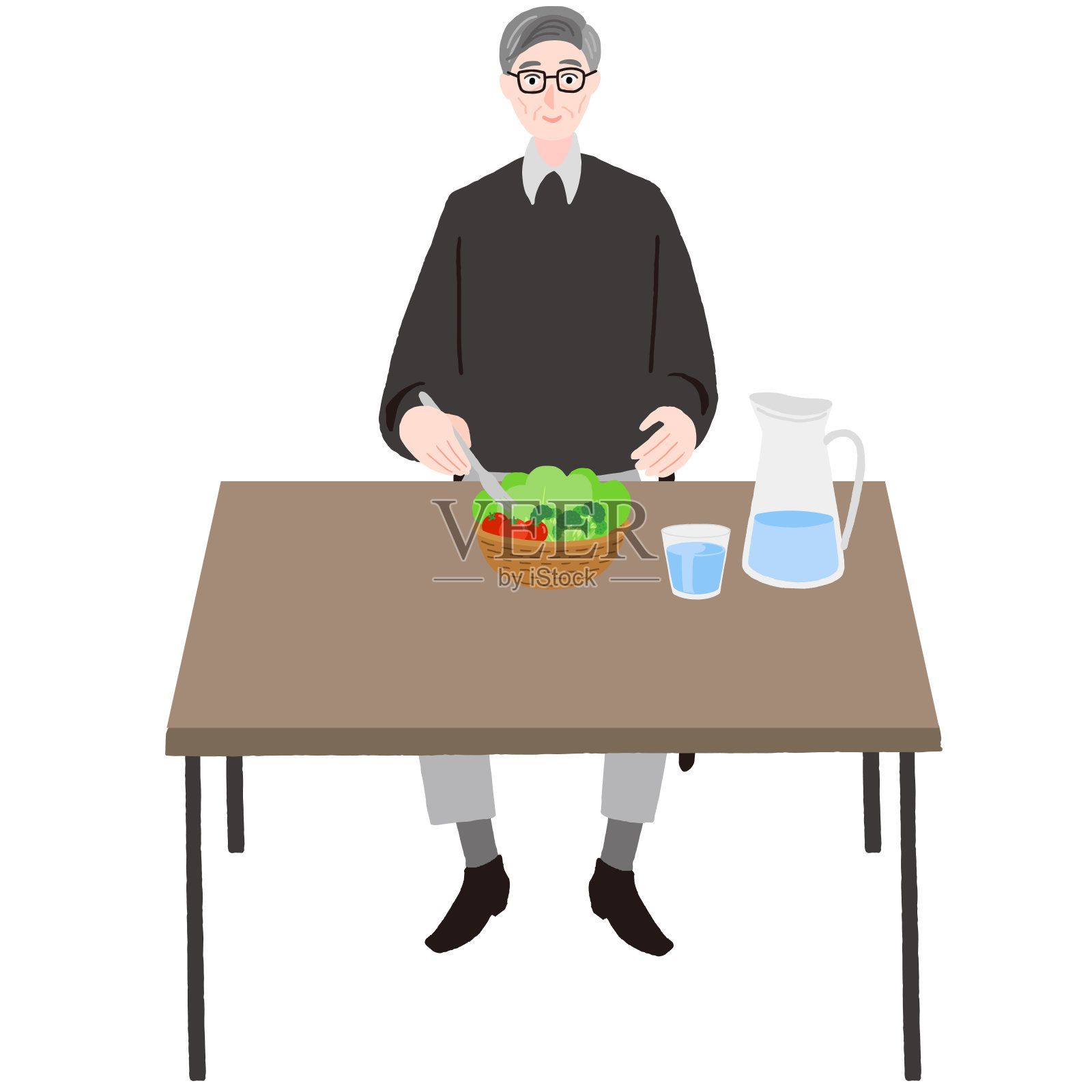 老人在桌子边喝水吃沙拉插画图片素材