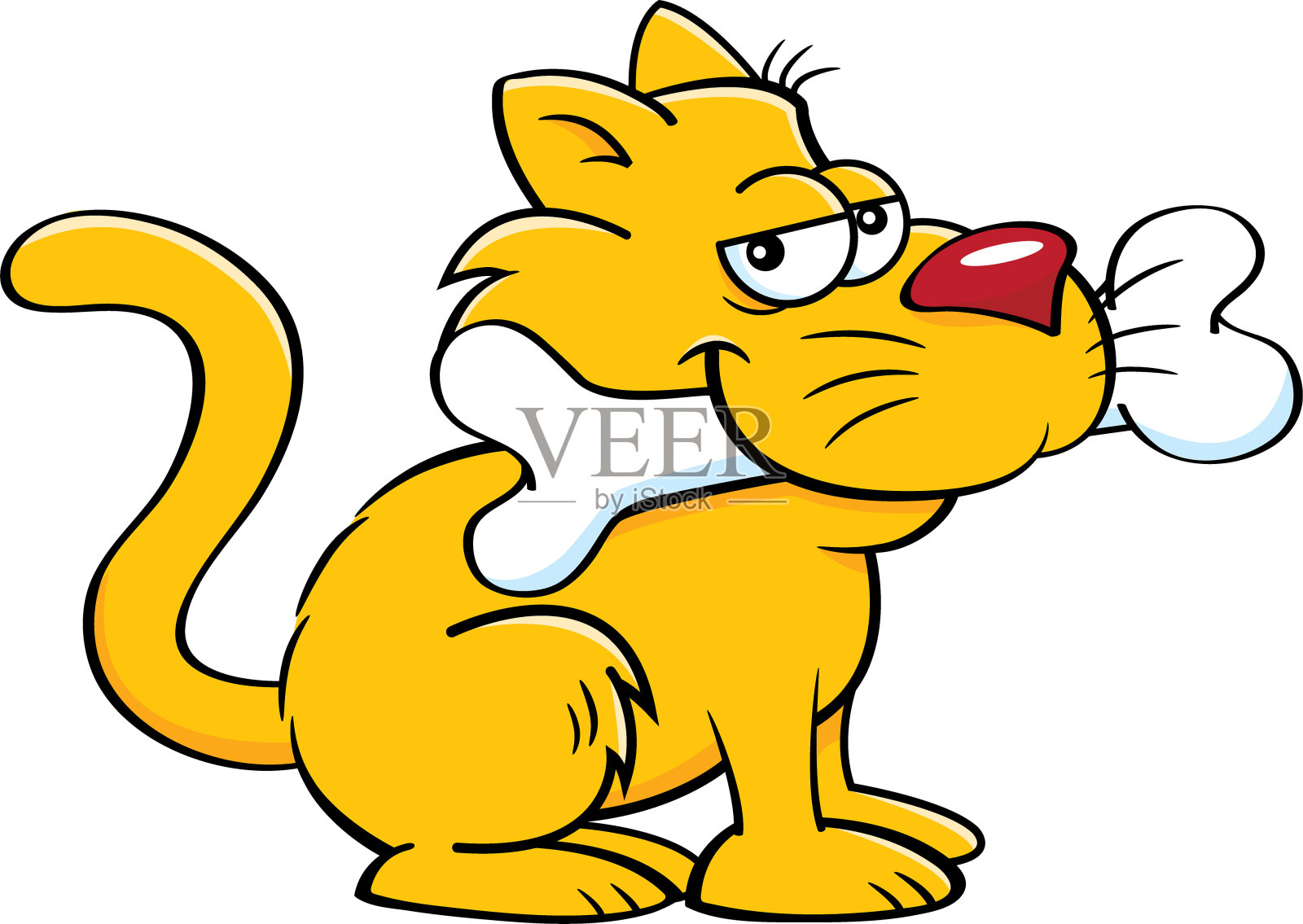卡通猫嘴里叼着一根狗骨头。插画图片素材