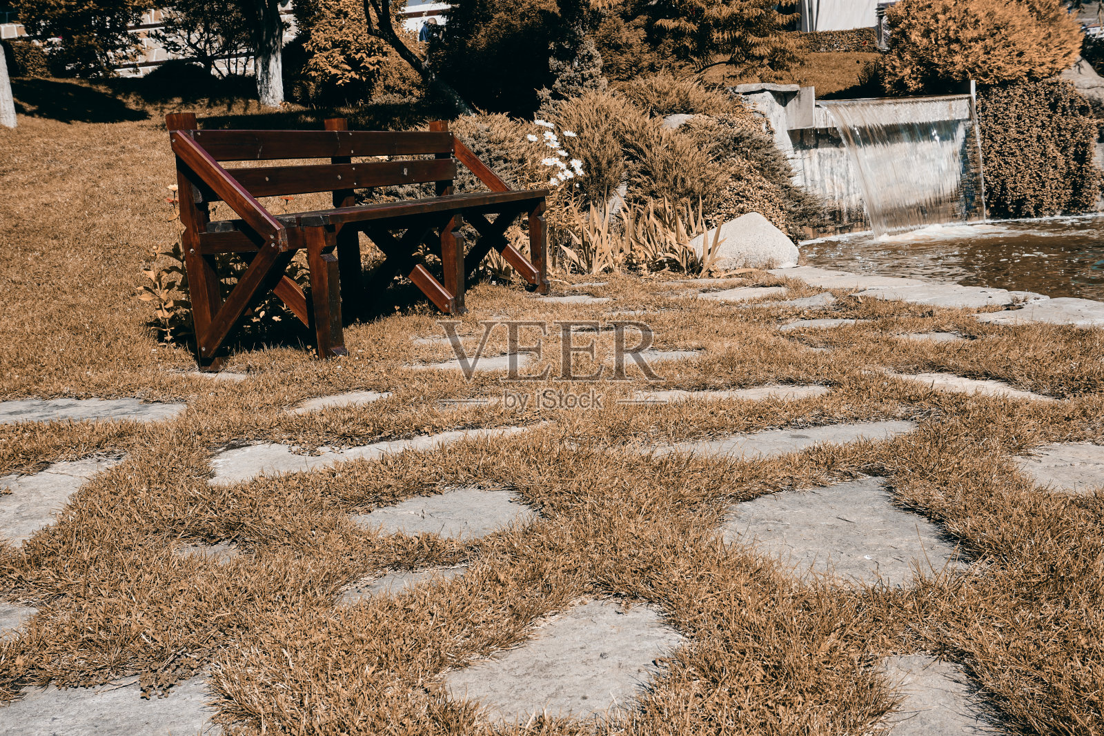 后花园的复古风格木凳照片摄影图片