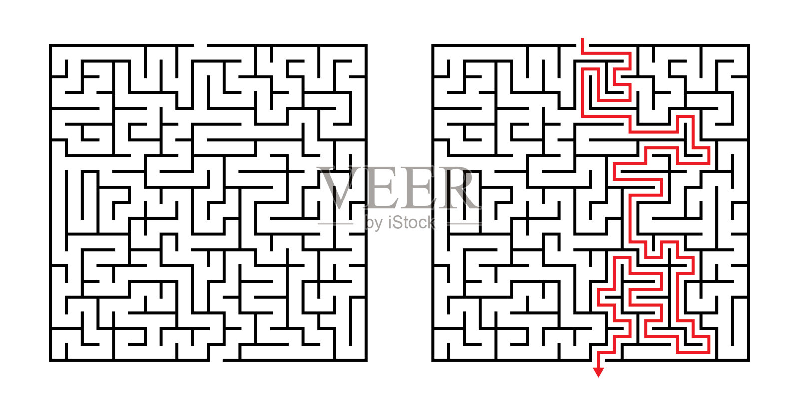 向量方块迷宫-迷宫包含解决方案在黑色和红色。协调、解决问题、决策技能测试。插画图片素材