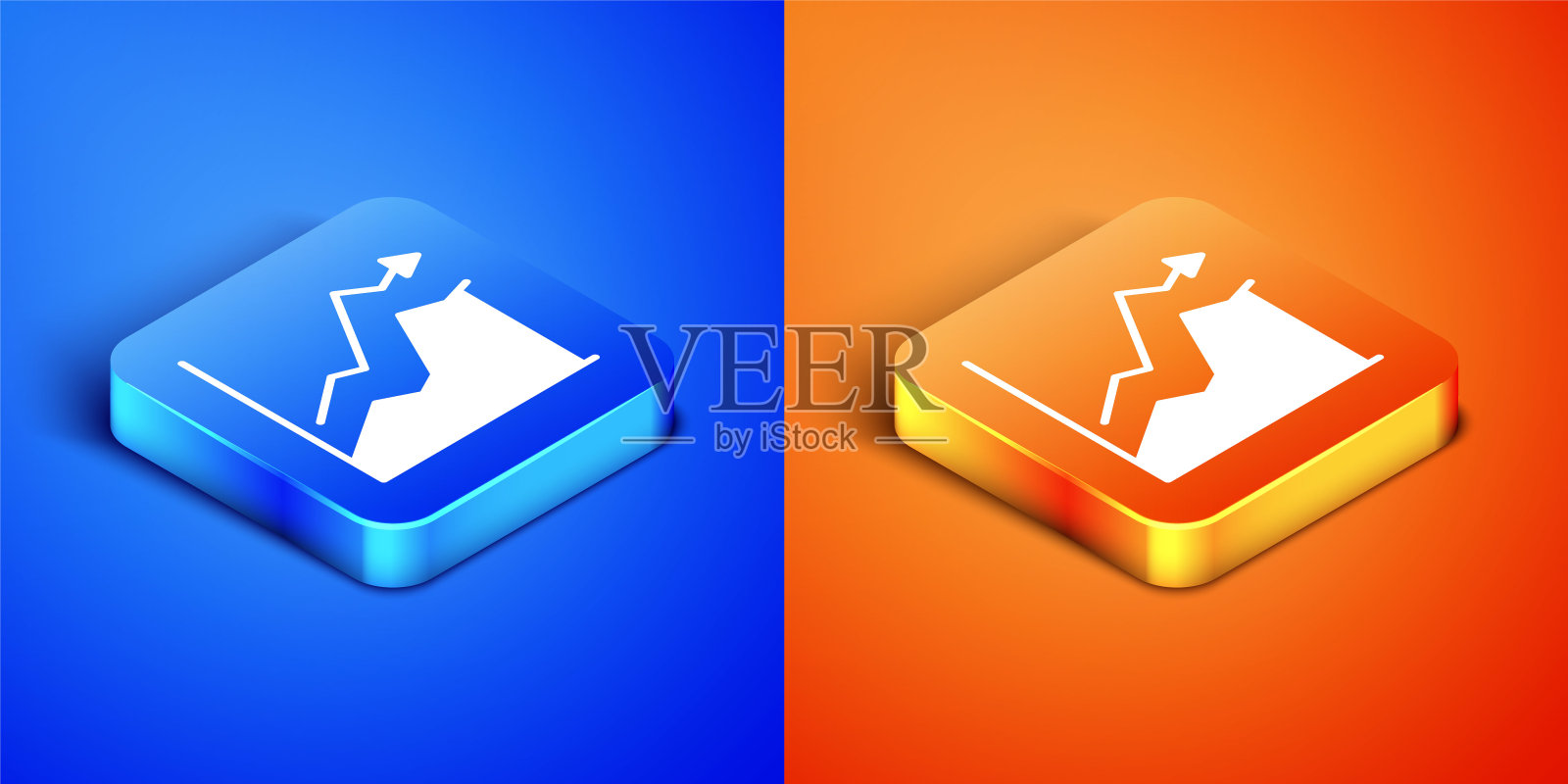 蓝色和橙色背景上的等距油价上涨图标。石油行业危机概念。方形按钮。矢量图图标素材