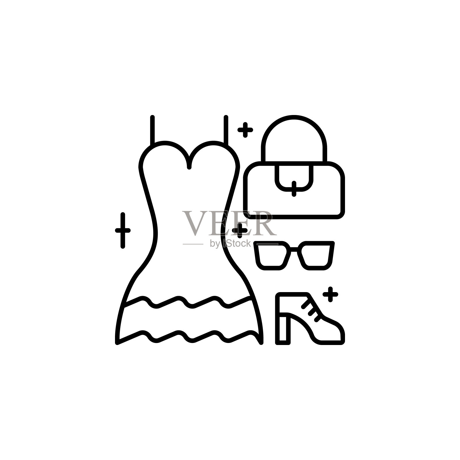 衣服，包包，眼镜，鞋子图标。简洁的线条，勾勒出奢华生活的向量元素，适用于ui和ux、网站或手机应用插画图片素材