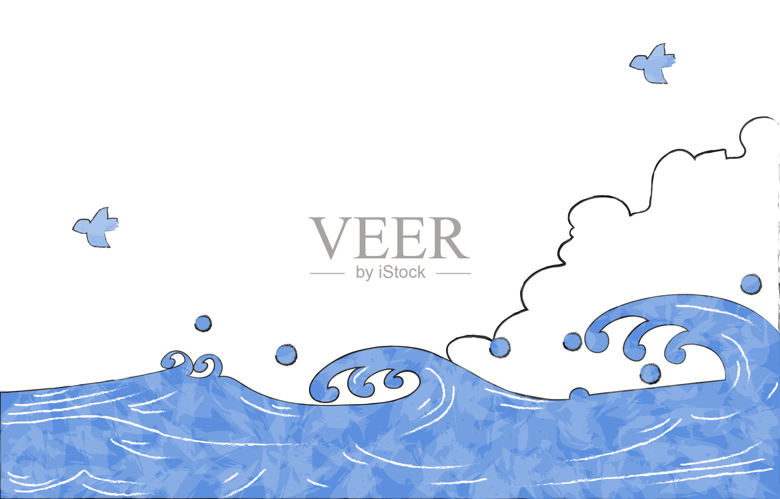 夏季背景材料，海面和接近的云和海鸥插画图片素材