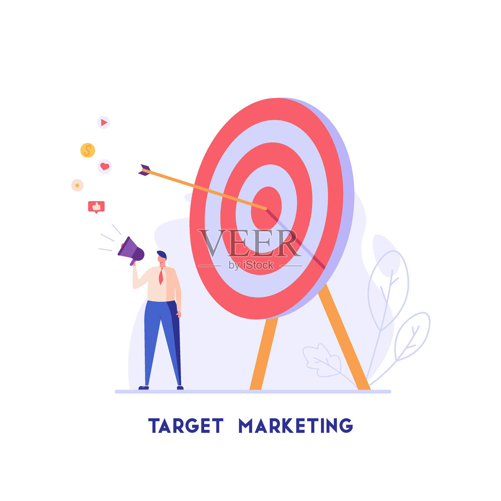 人们从事公关，目标定位，市场营销。成功在互联网和办公室工作。新闻、广告、网络广告的概念在平面设计中插画图片素材