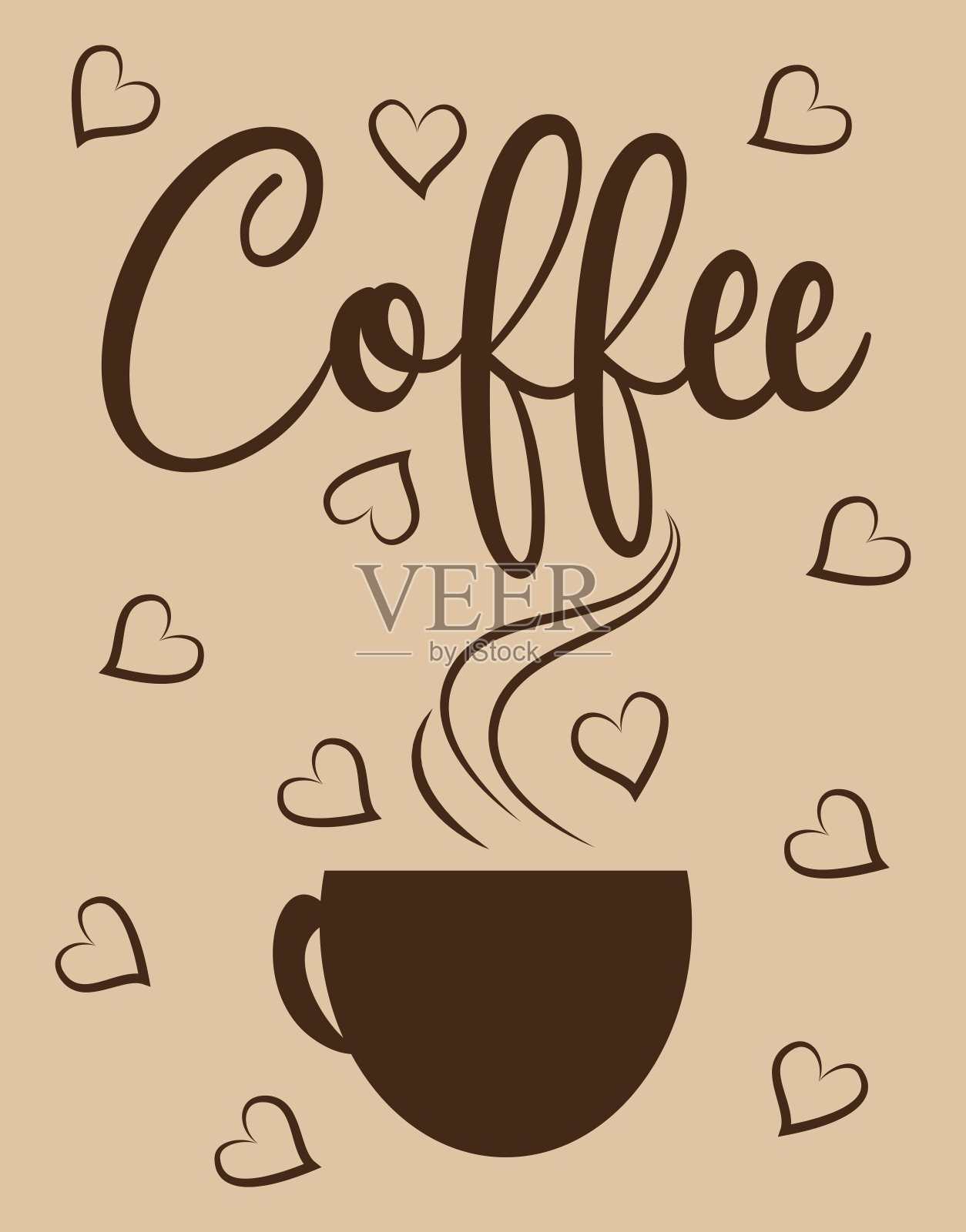 咖啡书法与咖啡杯和心在米色背景。插画图片素材