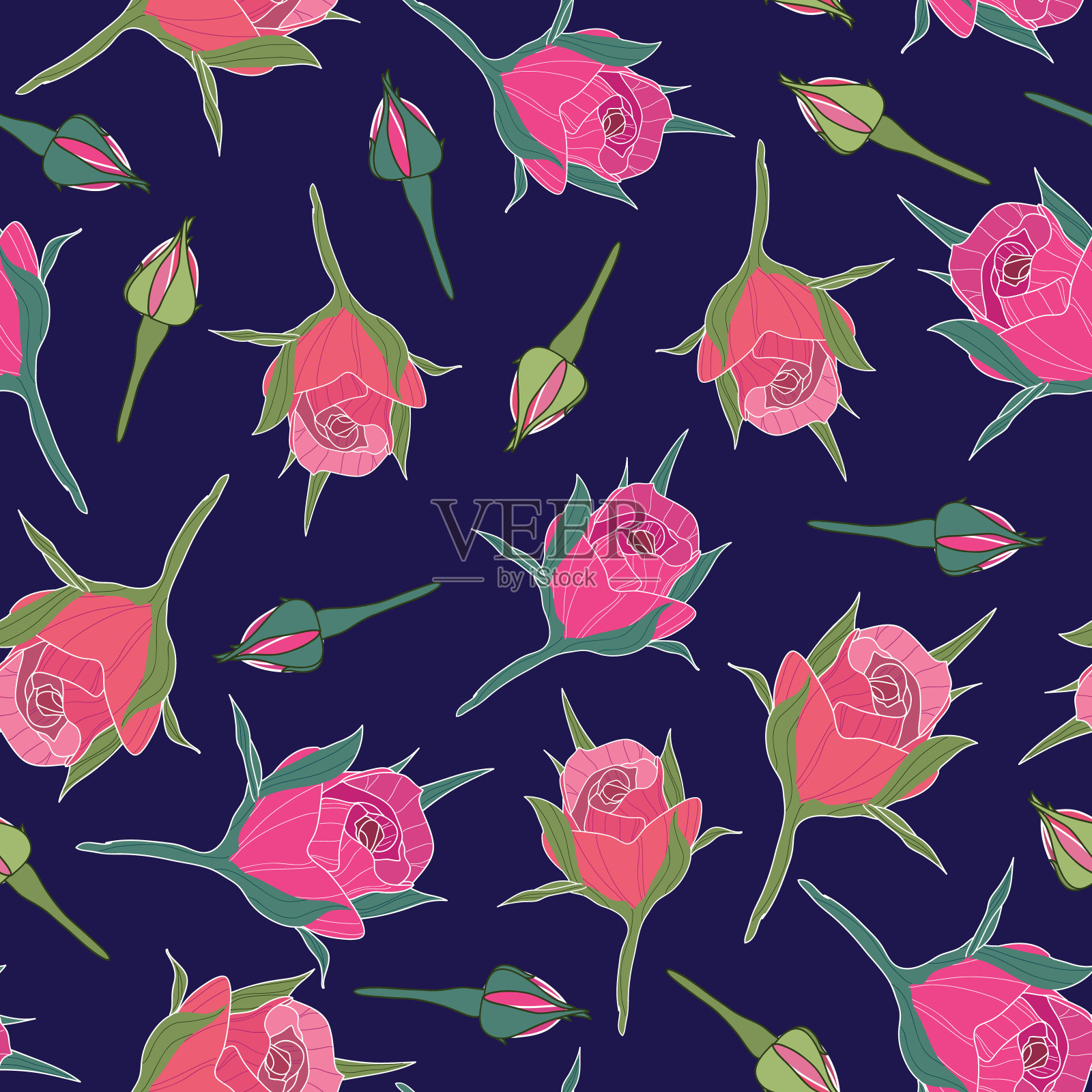 粉红色玫瑰和花蕾无缝图案在深蓝色的背景插画图片素材