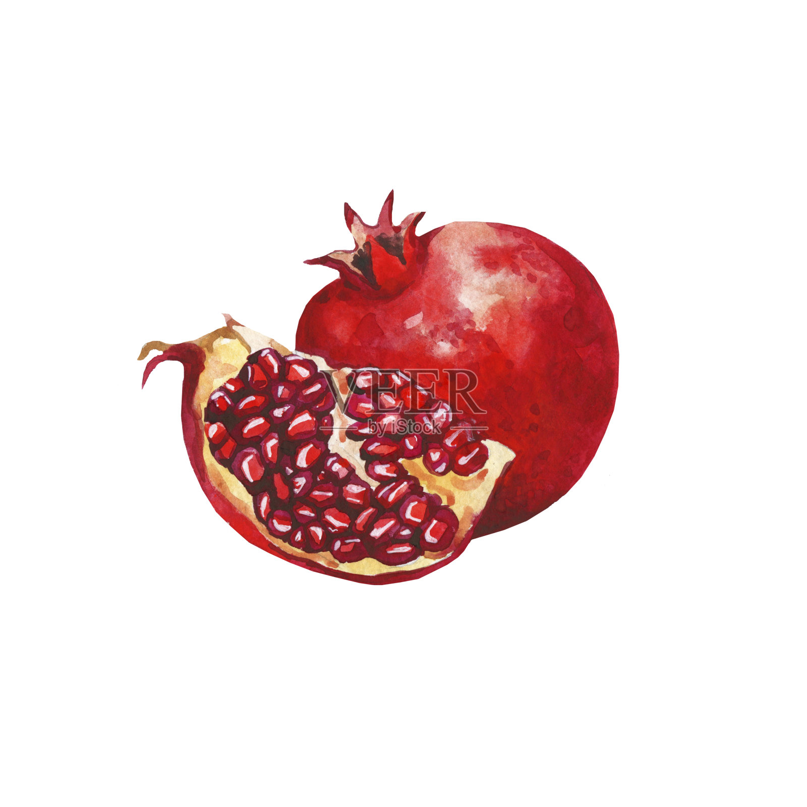 红石榴水彩插图。异国情调的水果。孤立在白色背景上。健康食品，有机食品，素食。插画图片素材
