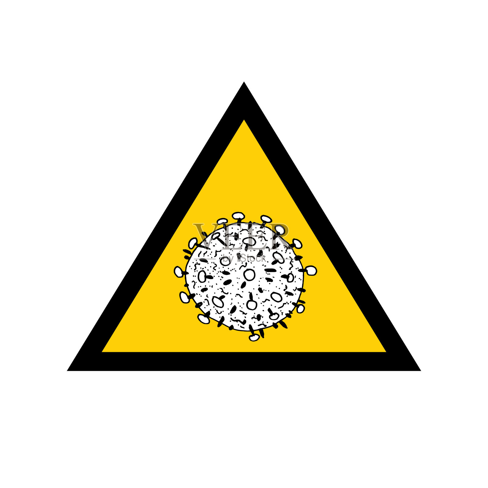白色背景上分离的2019-nCoV细菌。冠状病毒黄色三角形矢量图标。COVID-19细菌冠状病毒疾病迹象。非典大流行概念符号。大流行。人类健康医疗插画图片素材