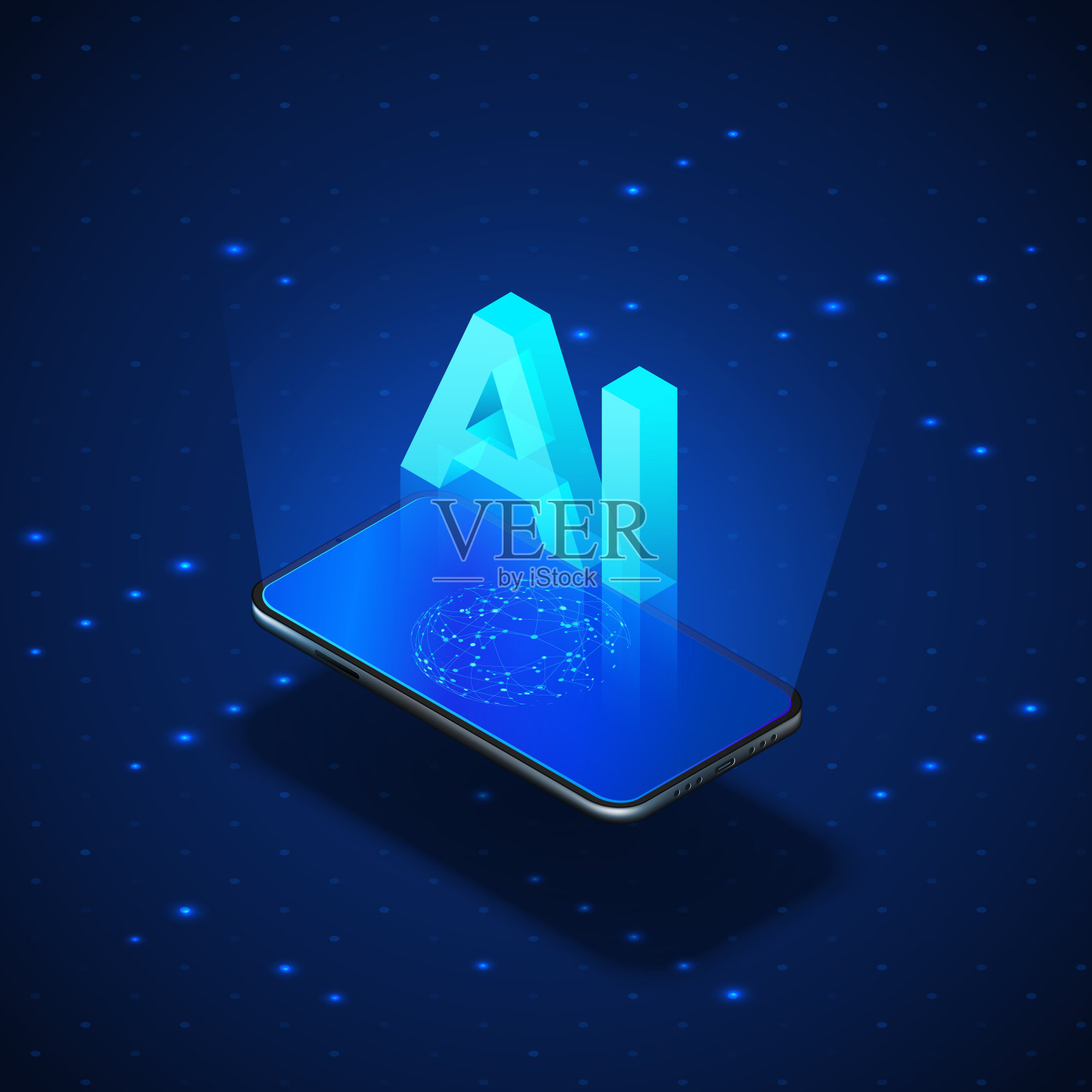 等距旗帜AI概念。现实手机与头AI人工智能。矢量图插画图片素材