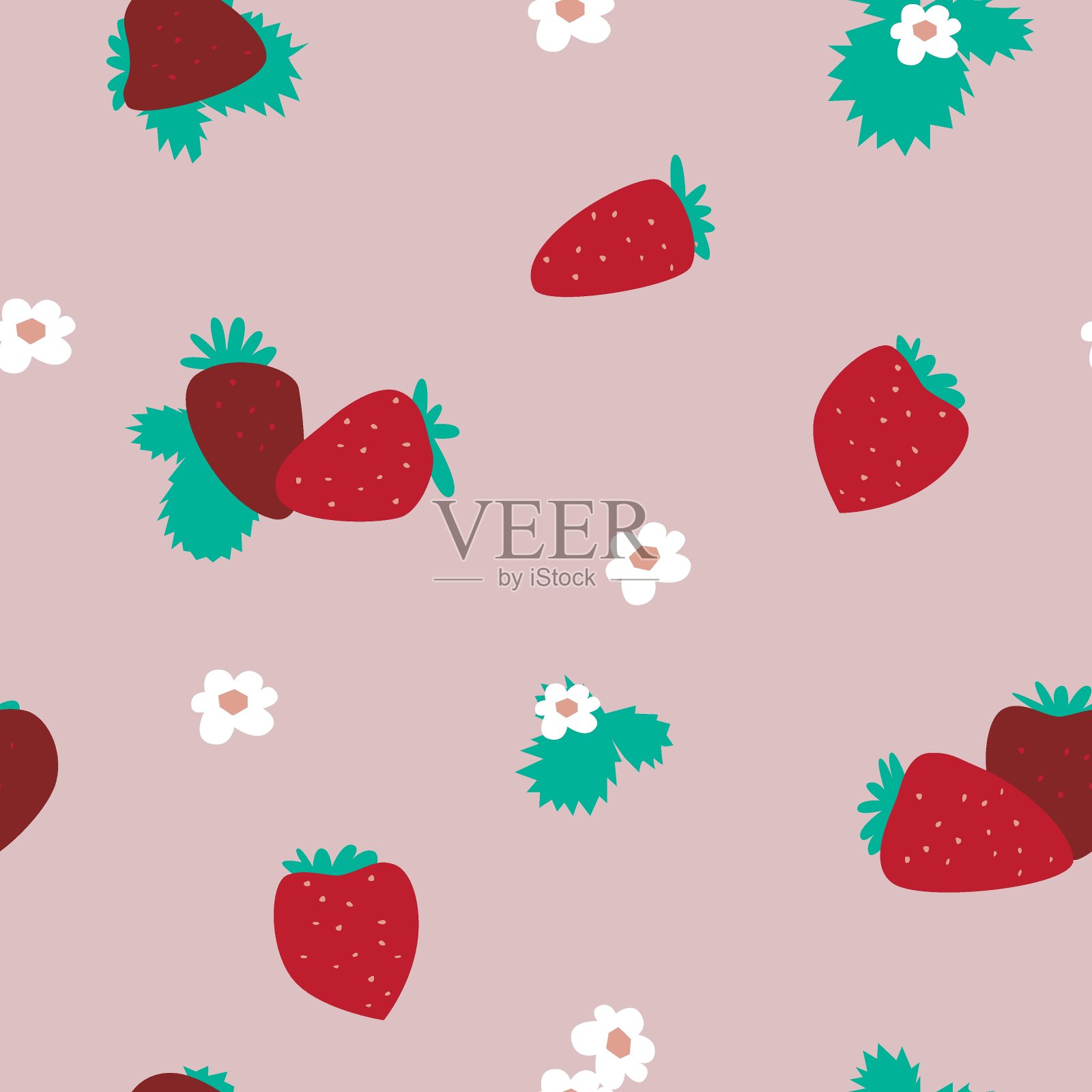 红色野花和白色花朵在粉色背景上的无缝图案，简单的涂鸦矢量图例与浆果作为纹理的纺织品插画图片素材