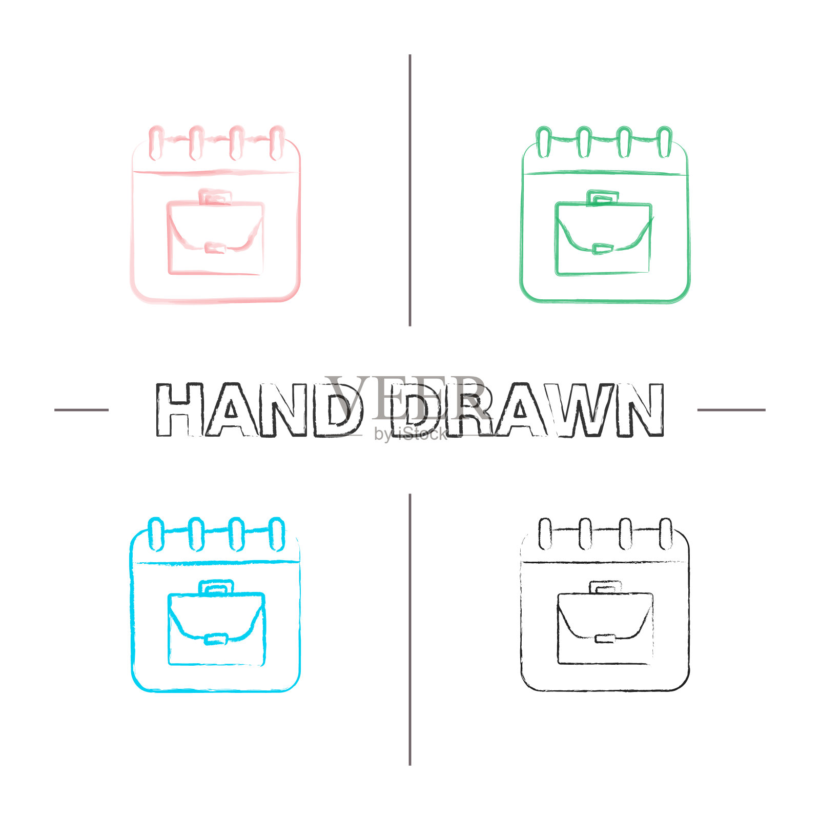 工作时间表手绘图标集。带有公文包的日历页。劳动节。画笔描边颜色。孤立的矢量草图插图插画图片素材