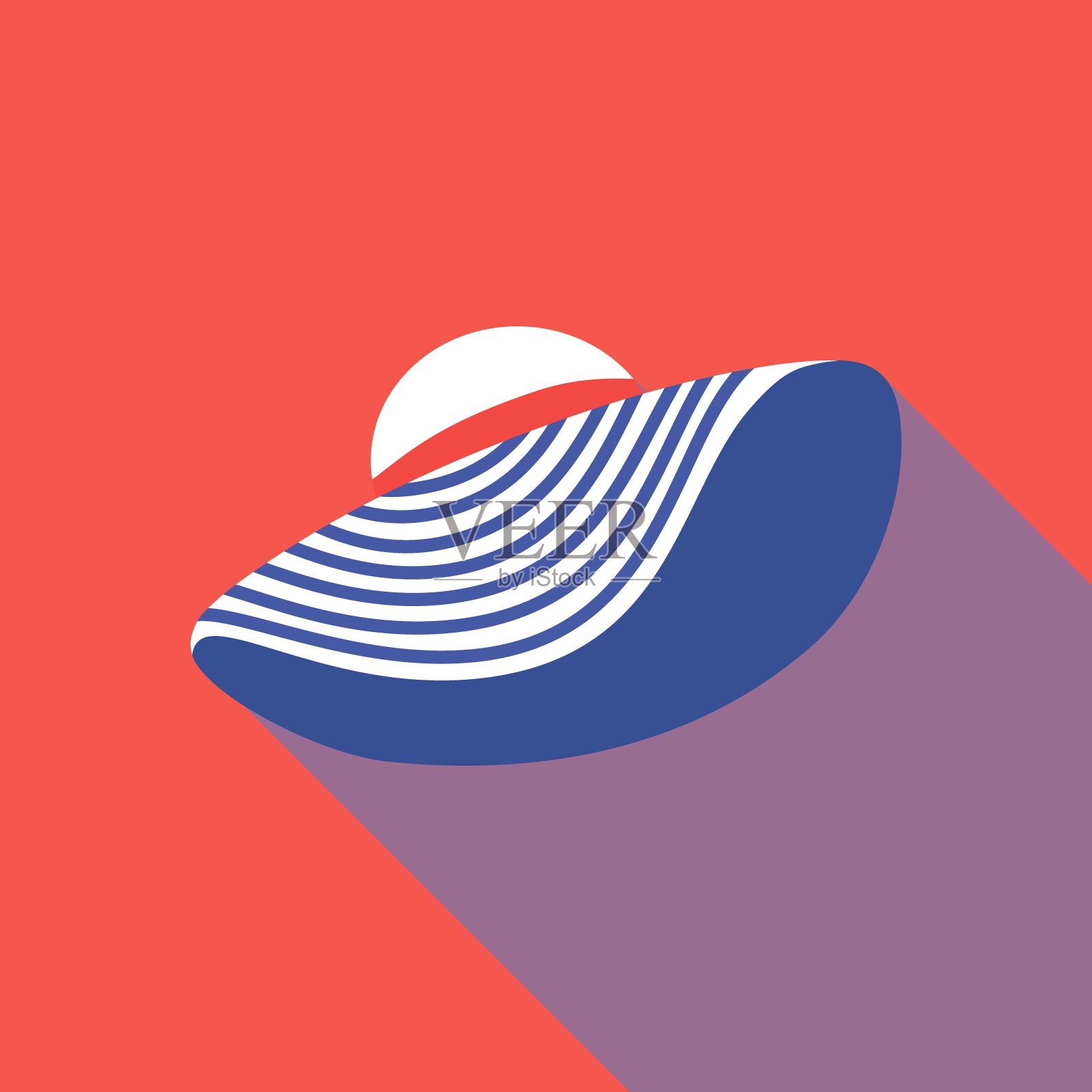 夏天女人的帽子。时间旅行。世界之旅。假期。红色，蓝色和白色。前视图。平的风格。插画图片素材