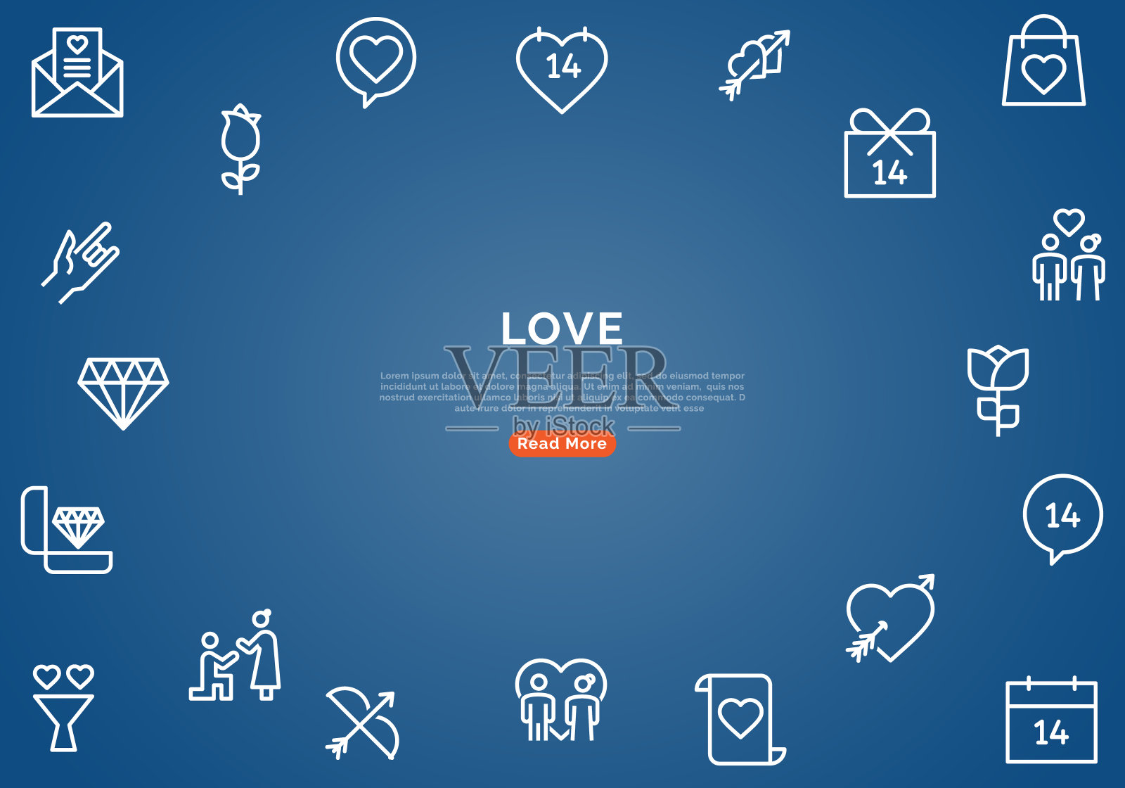 爱横幅与线图标在蓝色的背景。最小设计矢量图插画图片素材