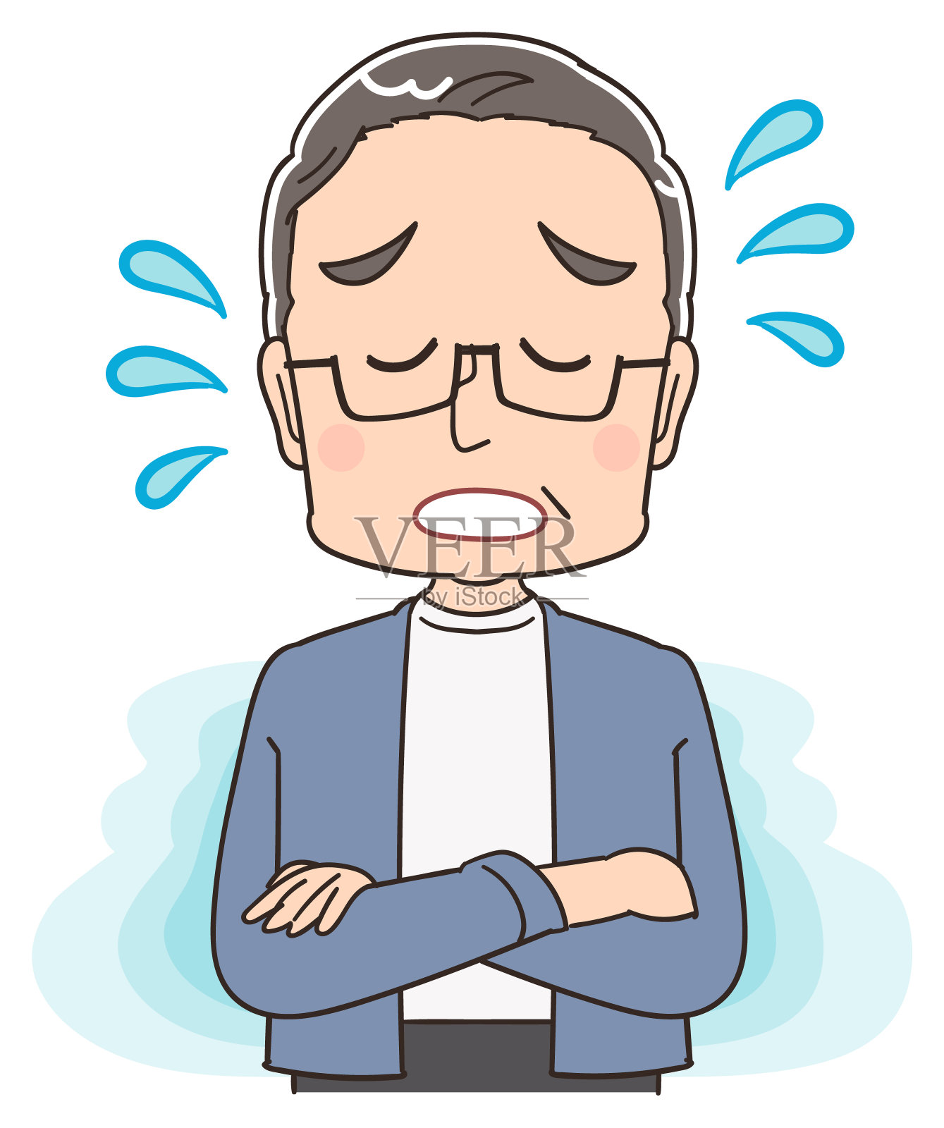 一个穿蓝灰色衣服的老人。他有负面情绪。插画图片素材