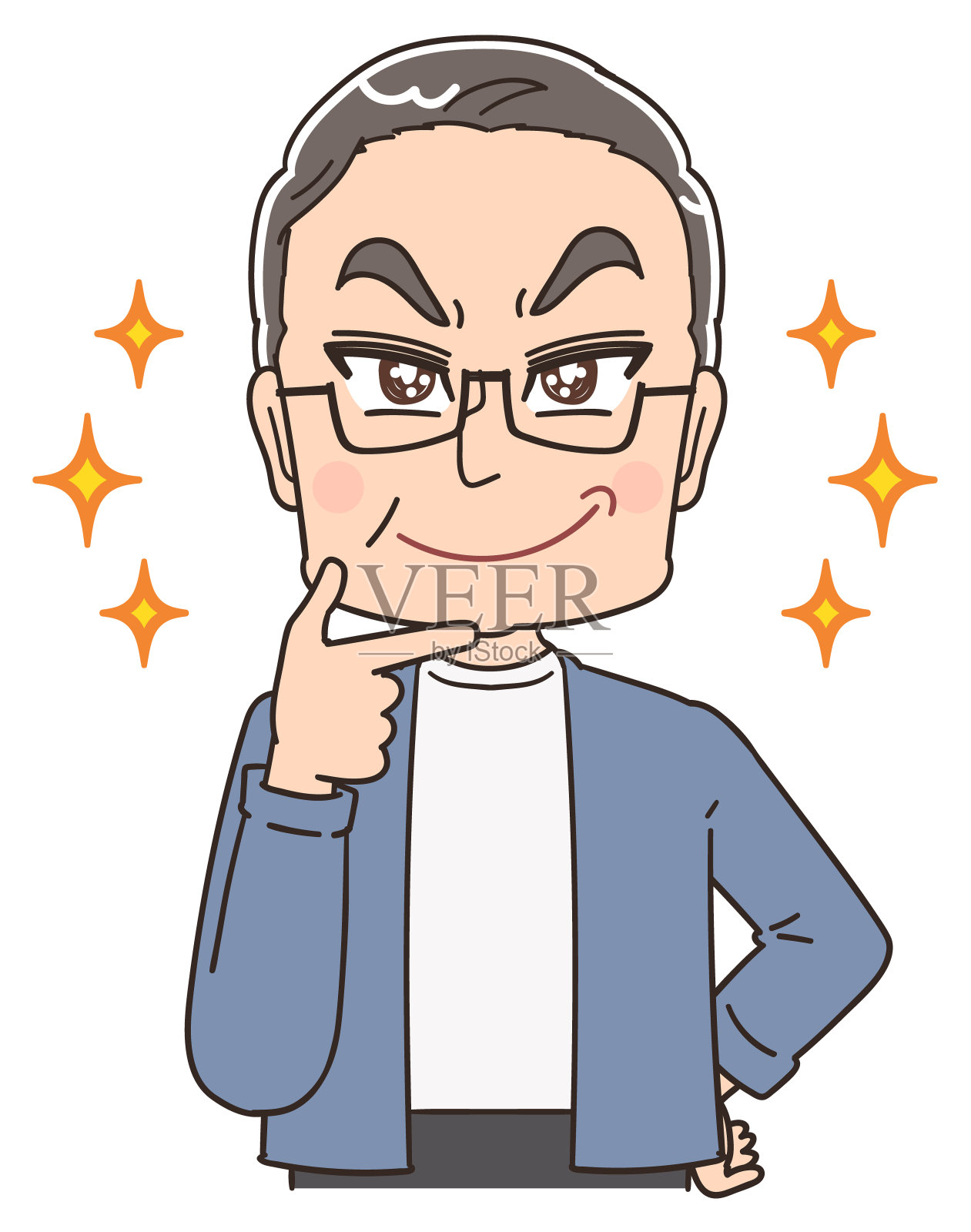 一个穿蓝灰色衣服的老人。他有积极的情绪。插画图片素材