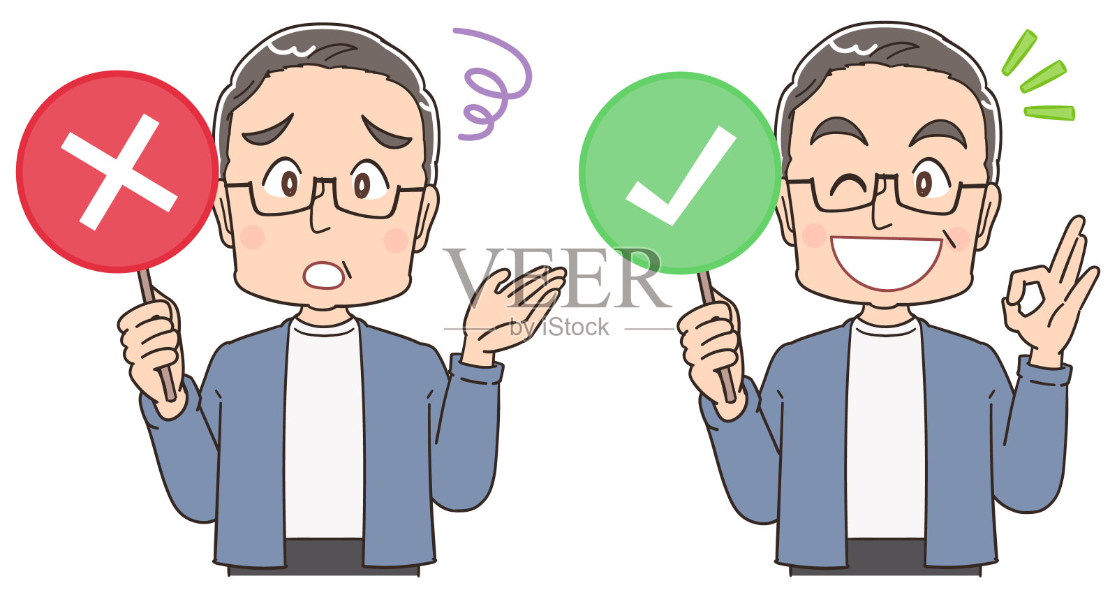 一个穿蓝灰色衣服的老人。他有一个标签，标明等级。插画图片素材